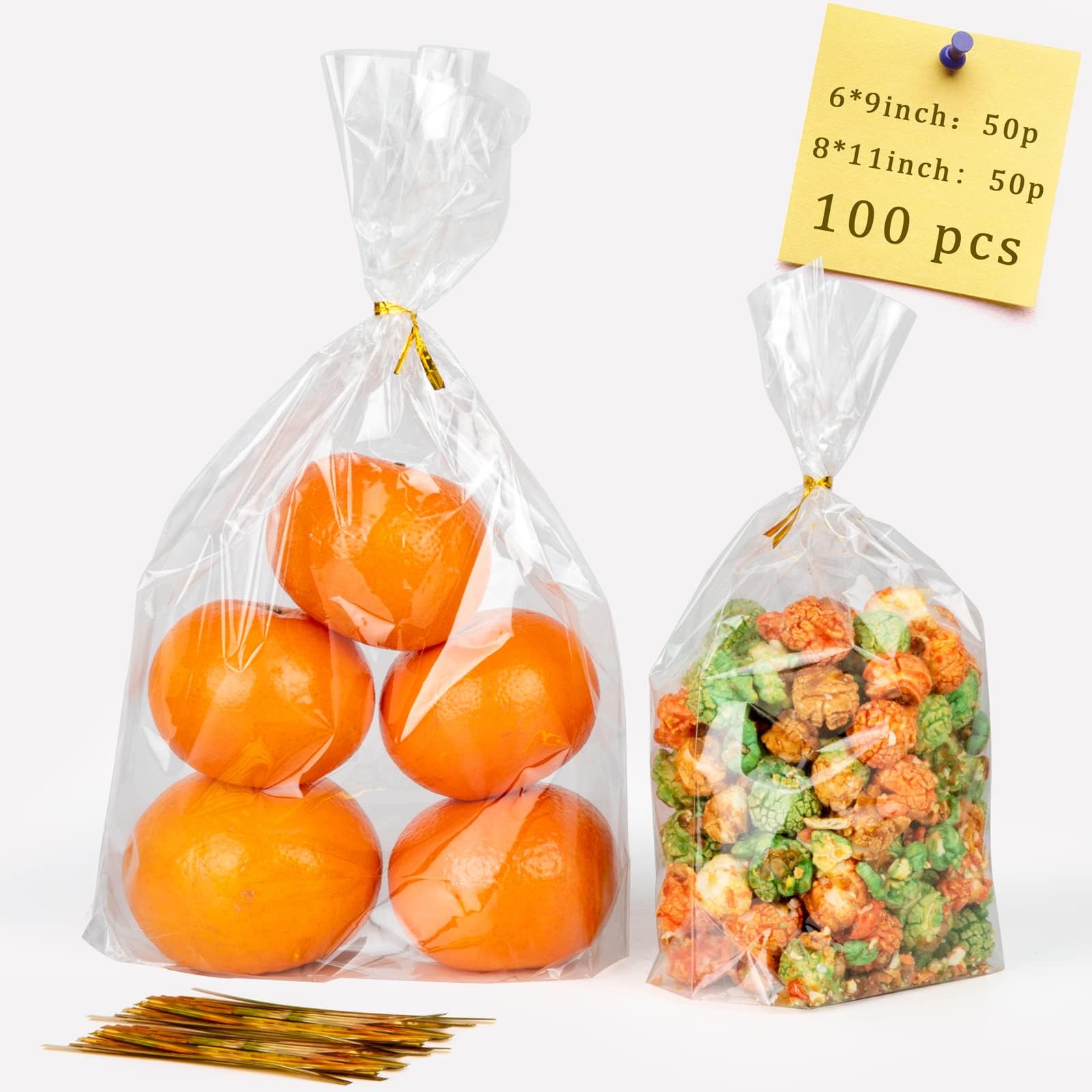 ATBCHS Flat Bottom Cellophane Bags 100Pcs Treat Bags with Ties 2 Sizes
