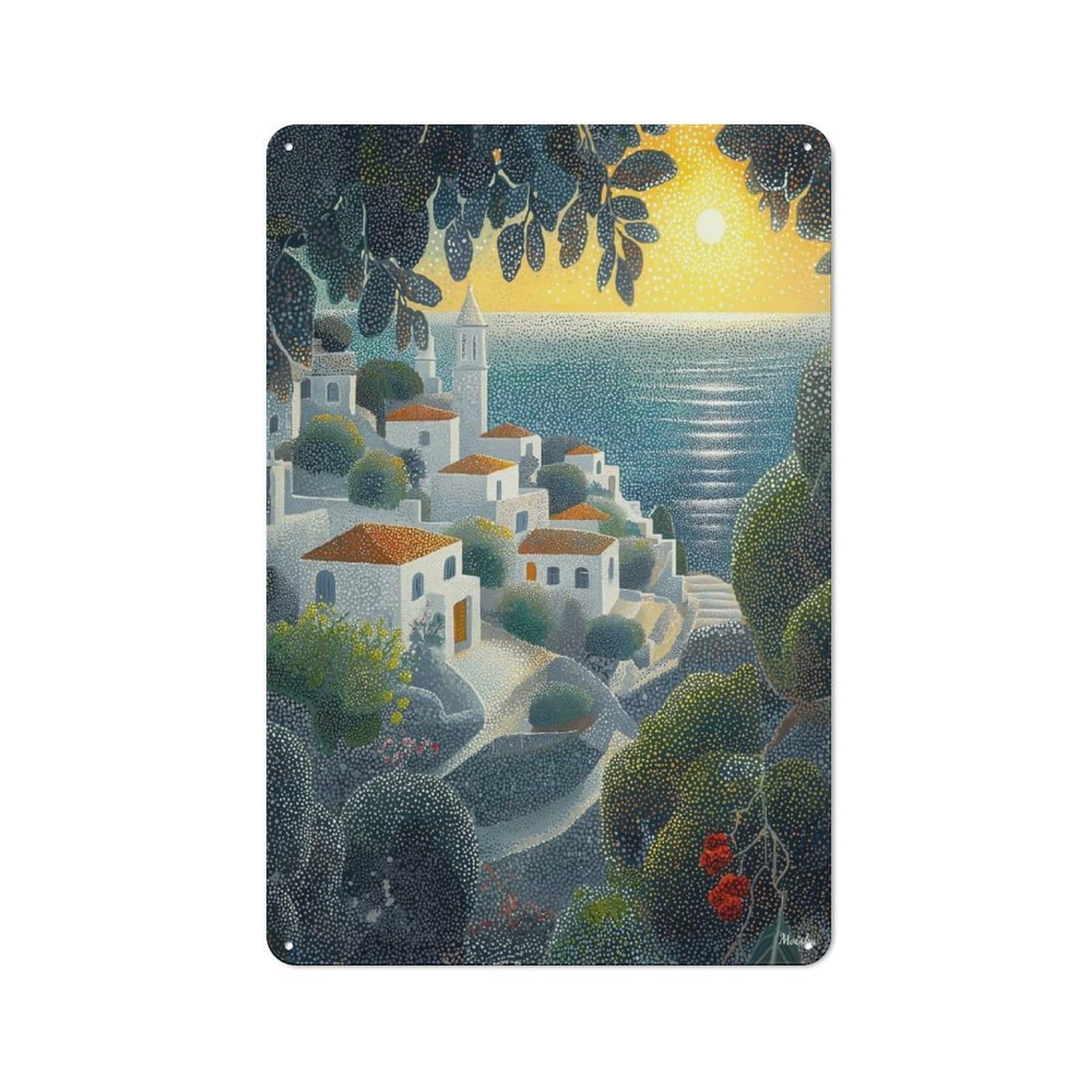 Junmoney Seaside Village At Sunset In Pointillist Styl Smart Tin Sign 30X20cm Featuring E, Office Wall Decor For Workspace, Cafe, Shop Or Desk Area