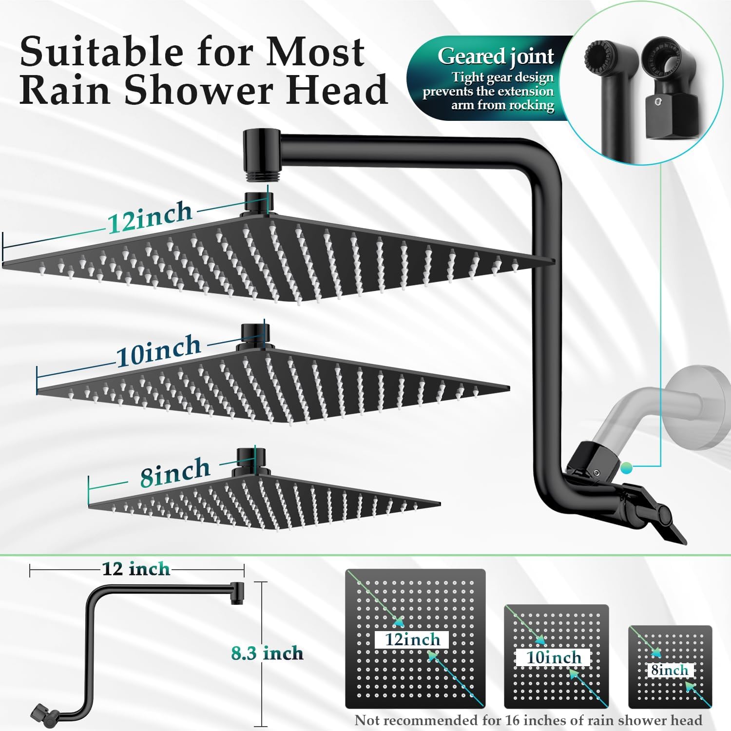 Rain Shower Head Extension Arm, Upgrade 12 Inch Metal Shower Extension Arm, Height/Angle Adjustable Curved Shower Head Extender with 1/2 Universal Connection, Flexible Rise or Lower Shower Head Black