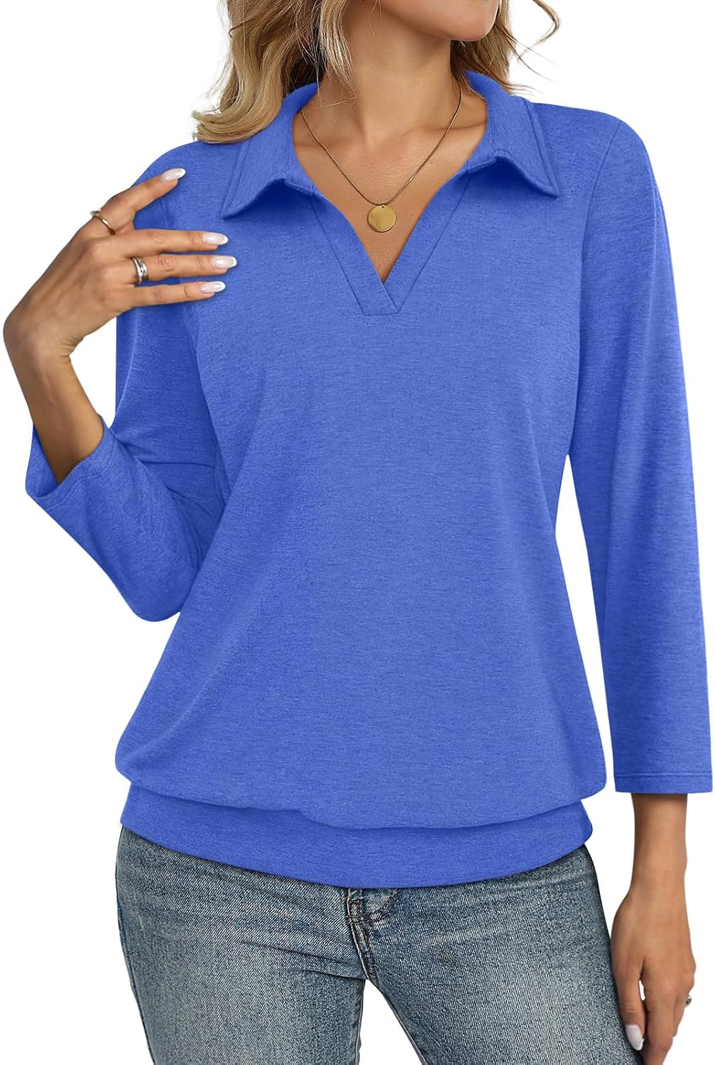 TICTICMISS Womens Polo Shirts 3/4 Sleeve Banded Bottom Tops Business Casual Tops Collared V Neck Blouses