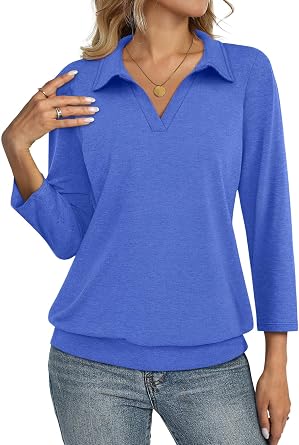 TICTICMISS Womens Polo Shirts 3/4 Sleeve Banded Bottom Summer Dressy Tops | Loose Fit, Collared V Neck, Cotton Blend, Not Clingy, Stretchy, Business Casual Summer Fall Clothing, Trendy Daily Outfits