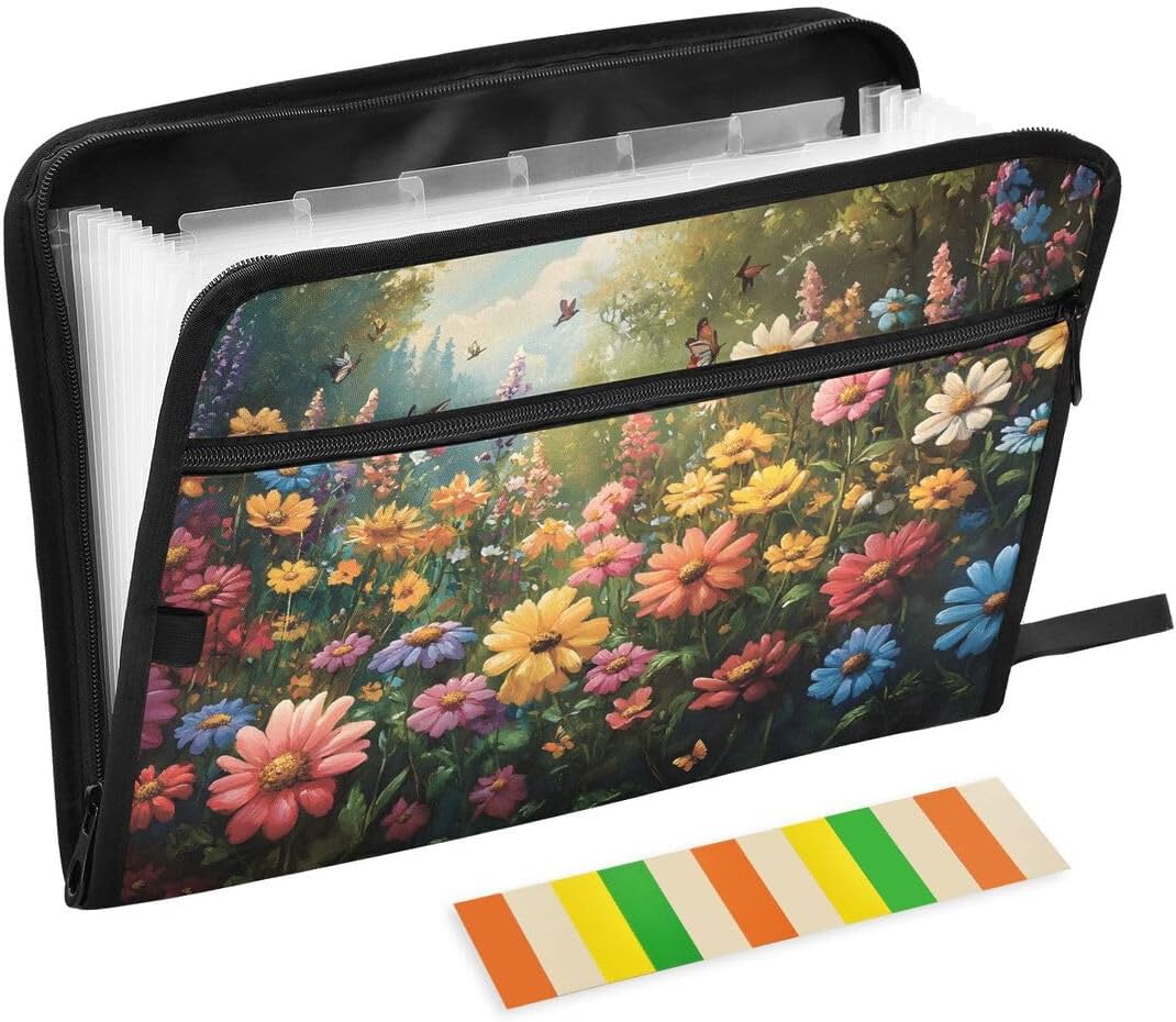 ALAZA Flower Butterfly Landscape Expandable Filing Folder Storage Organiser Box Files, 13 Pockets Zip Filing Folders for Home or Office Documents
