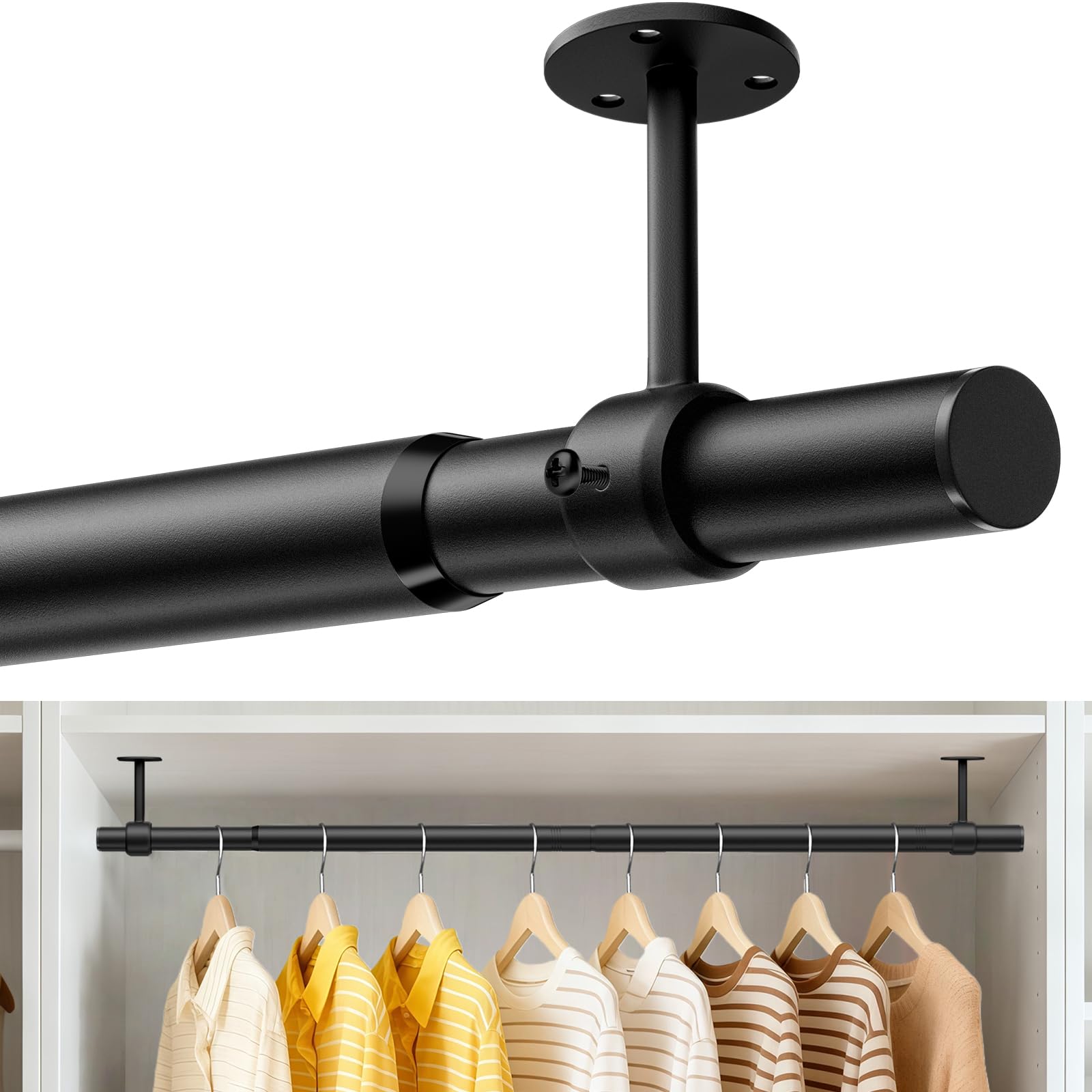 Supforce Wardrobe Rail, 43-99cm Ceiling and Wall Mounted Stepless Adjustable Wardrobe Hanging Rail, 3.3cm Heavy Duty Metal Wardrobe Pole for Wardrobe, Closet, Laundry, RV, Black