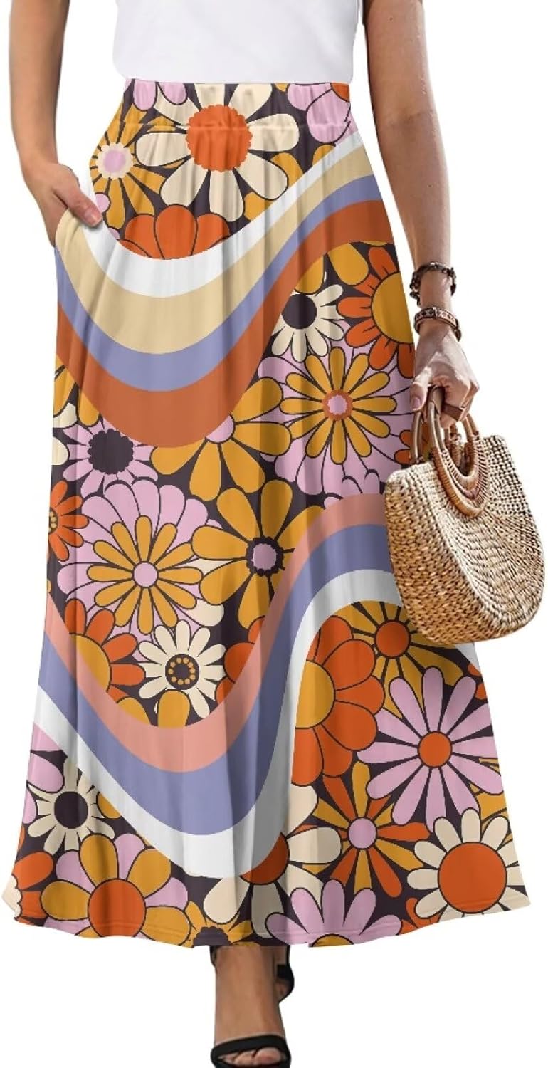POLERO Hippie Floral Womens Maxi Skirt with Pockets Summer Casual Boho Skirts