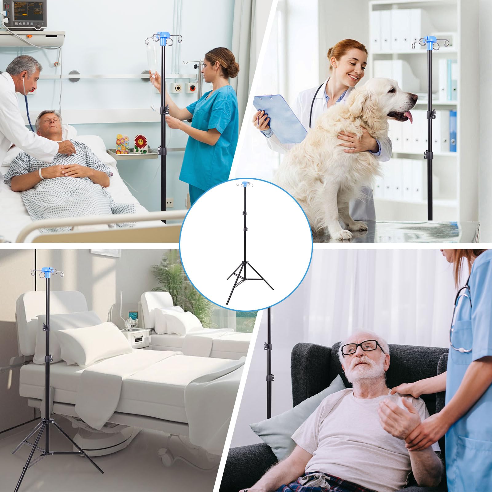 Klappbarer IV-Polenständer mit 4 Haken, verstellbarer Höhe IV-Ständer, Stativ IV-Polenständer für Heimpflege, Krankenhäuser, Kliniken und Reisen (schwarz)