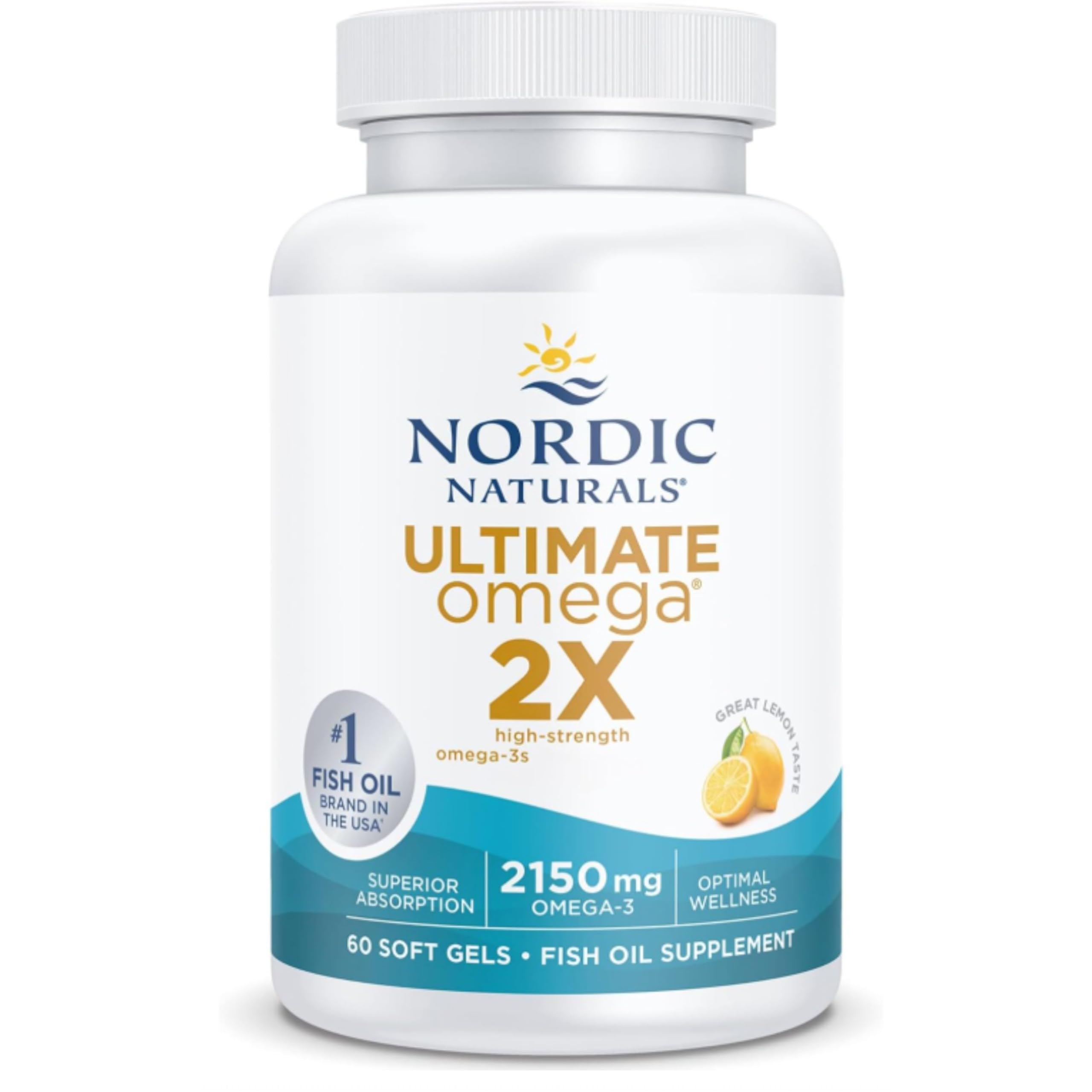 Nordic Naturals Ultimate Omega 3 2X, 2150 mg Omega-3-Kapseln, hochdosierte Fischöl-Nahrungsergänzung mit EPA und DHA, 60 Weichkapseln, Zitronengeschmack, sojafrei, glutenfrei