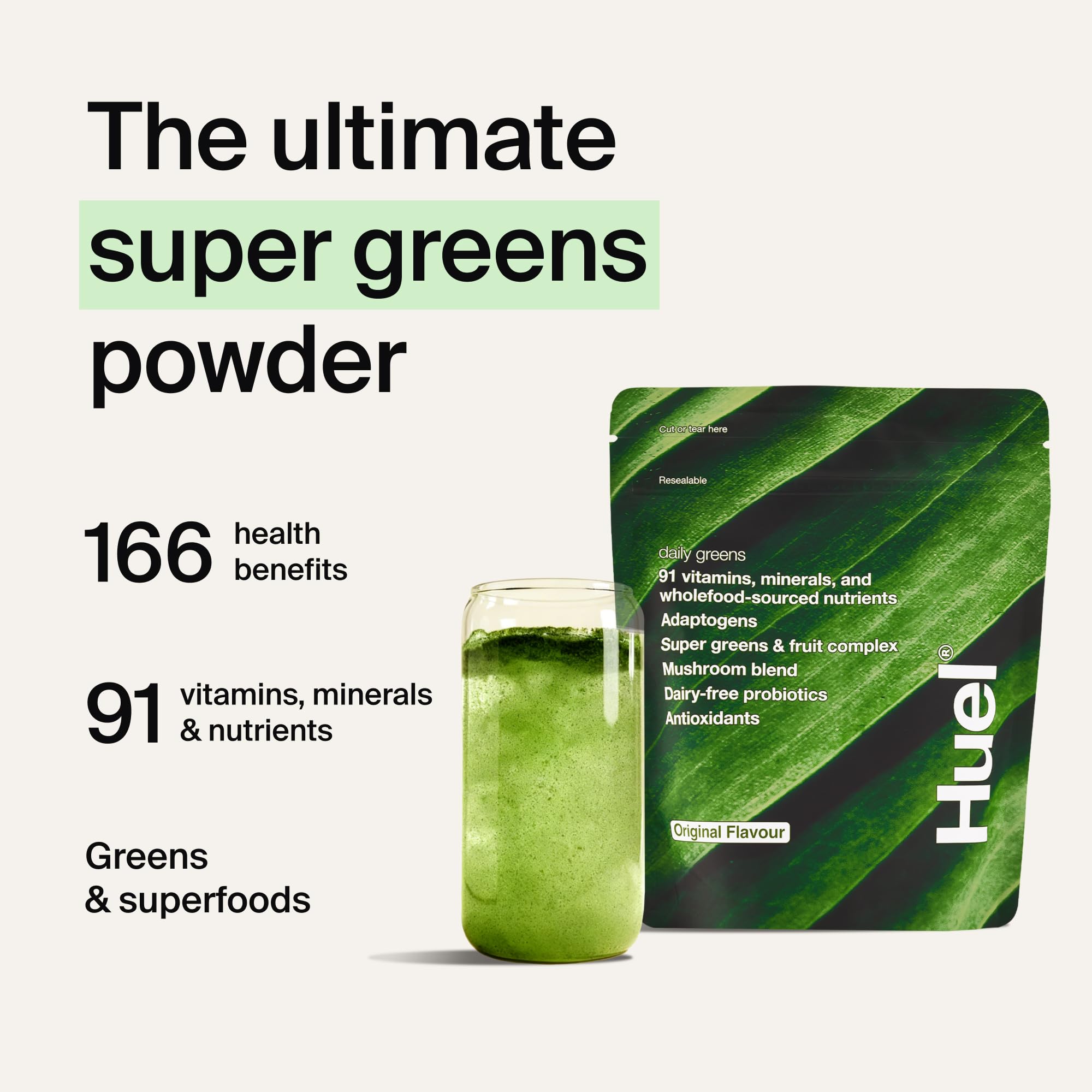Huel Daily Greens Original - 30 Portionen (255 g) - Veganes Superfood-Pulver mit Karotte, Brokkoli, Spinat, Grüntee, Grünkohl, Spirulina & mehr, Reich an Probiotika, Vitaminen, Adaptogenen & Mineralst