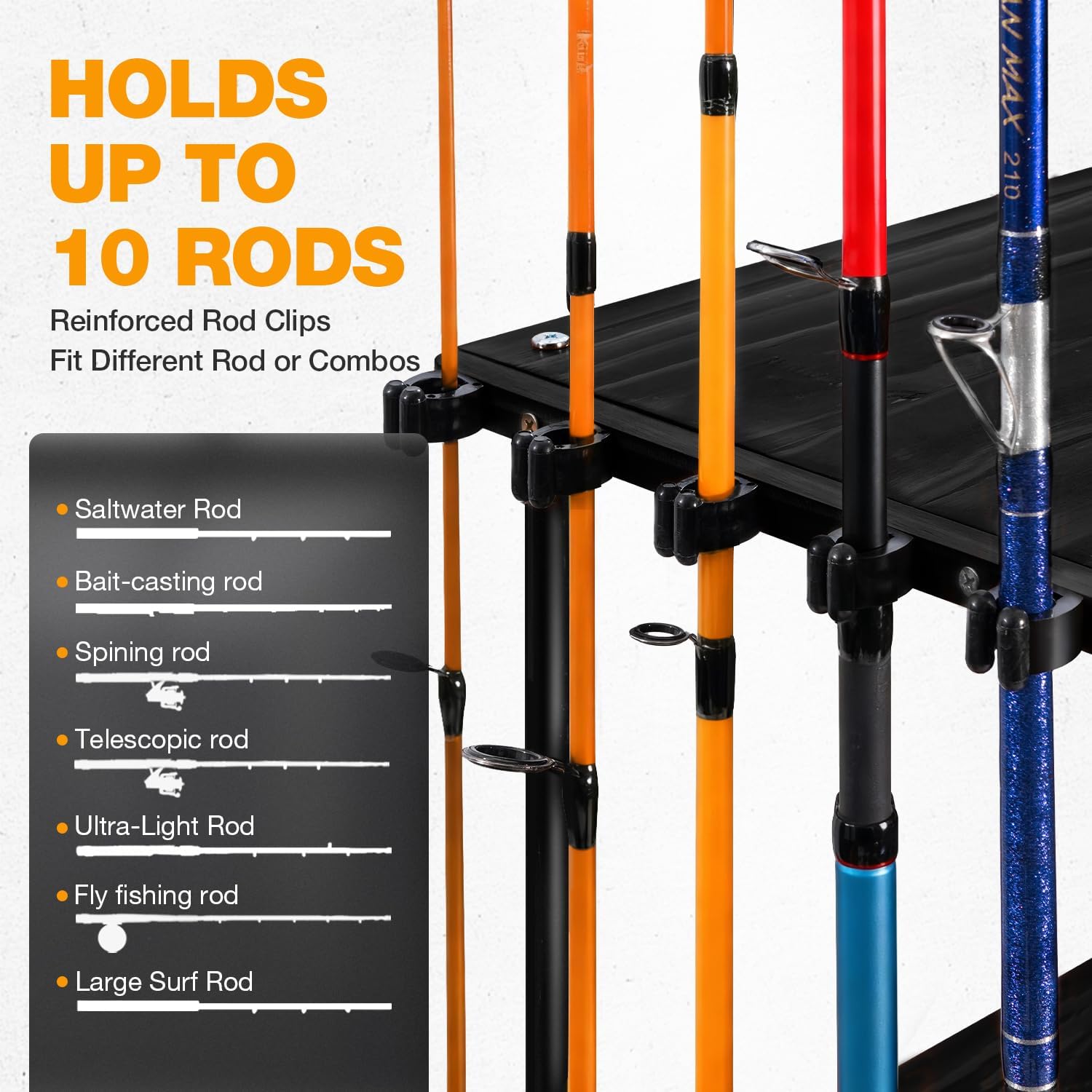 Ghosthorn Fishing Rod Holders for Garage Fishing Pole Rack Hold up to 10 Rods Fishing Pole Holders Wooden Organizer Fishing Rod Rack car Fishing Gear Storage Equipment (Black, 4 Tier)