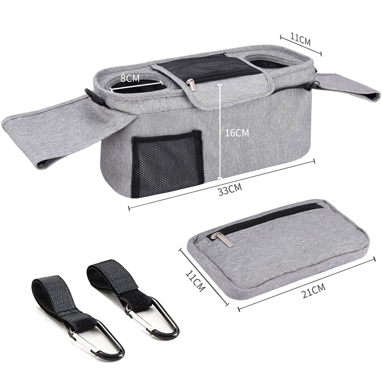 Bebamour Organizzatore per passeggino e ganci per passeggino 2PCS Borsa per carrozzina Organizzatore per passeggino Borsa di stoccaggio con tasca staccabile Tasca per cellulare Organizzatore,Grey