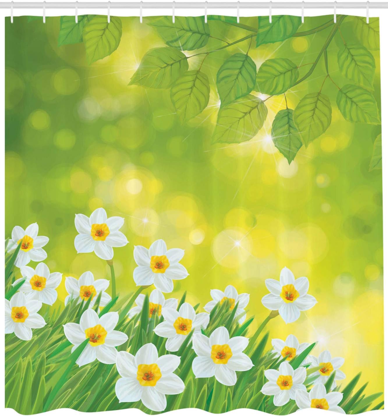 Ambesonne Daffodil Shower Curtain, Daffodils Under Vibrant Tree Branch Leaves Spring Petals Seasonal Foliage Theme, Cloth Fabric Bathroom Decor Set with Hooks, 69" W x 70" L, Green Yellow