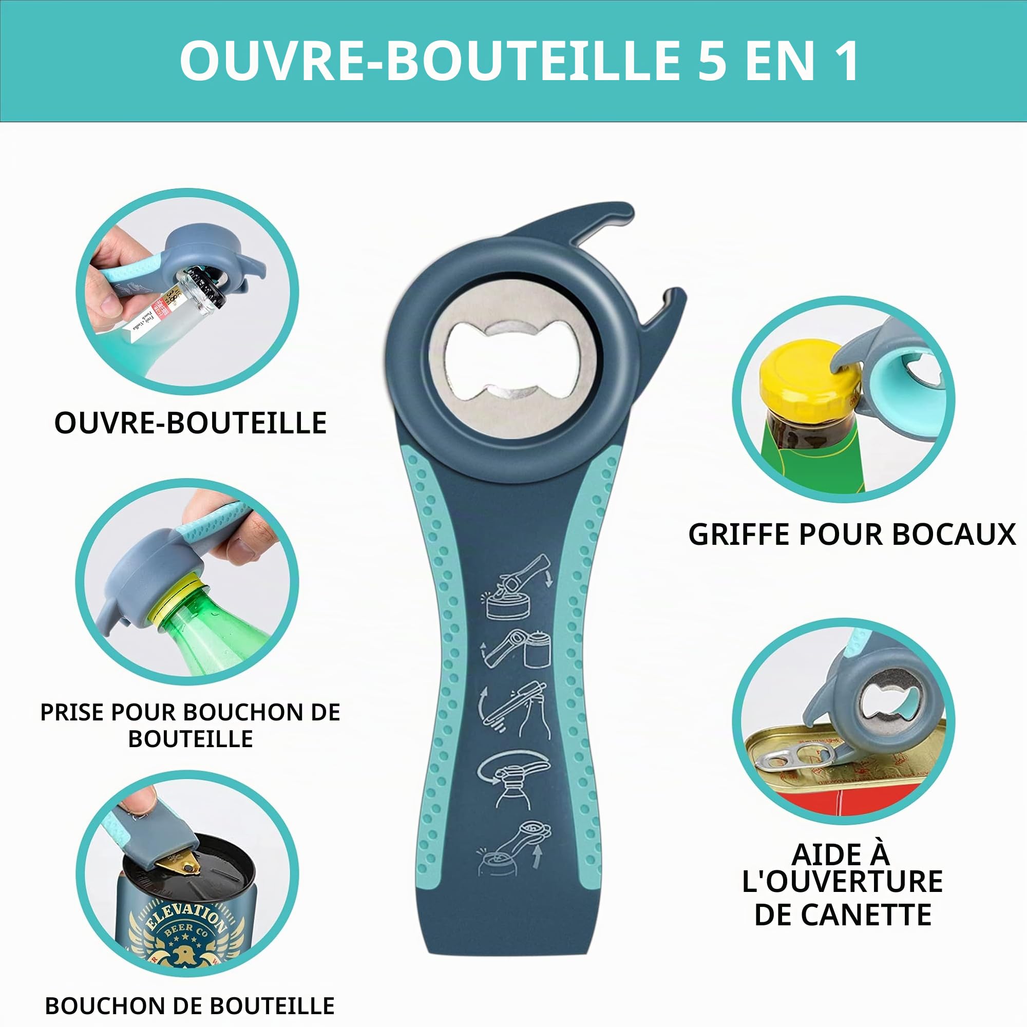 Ouvre-bocal multifonction 5 en 1 pour mains arthritiques avec tampon antidérapant
