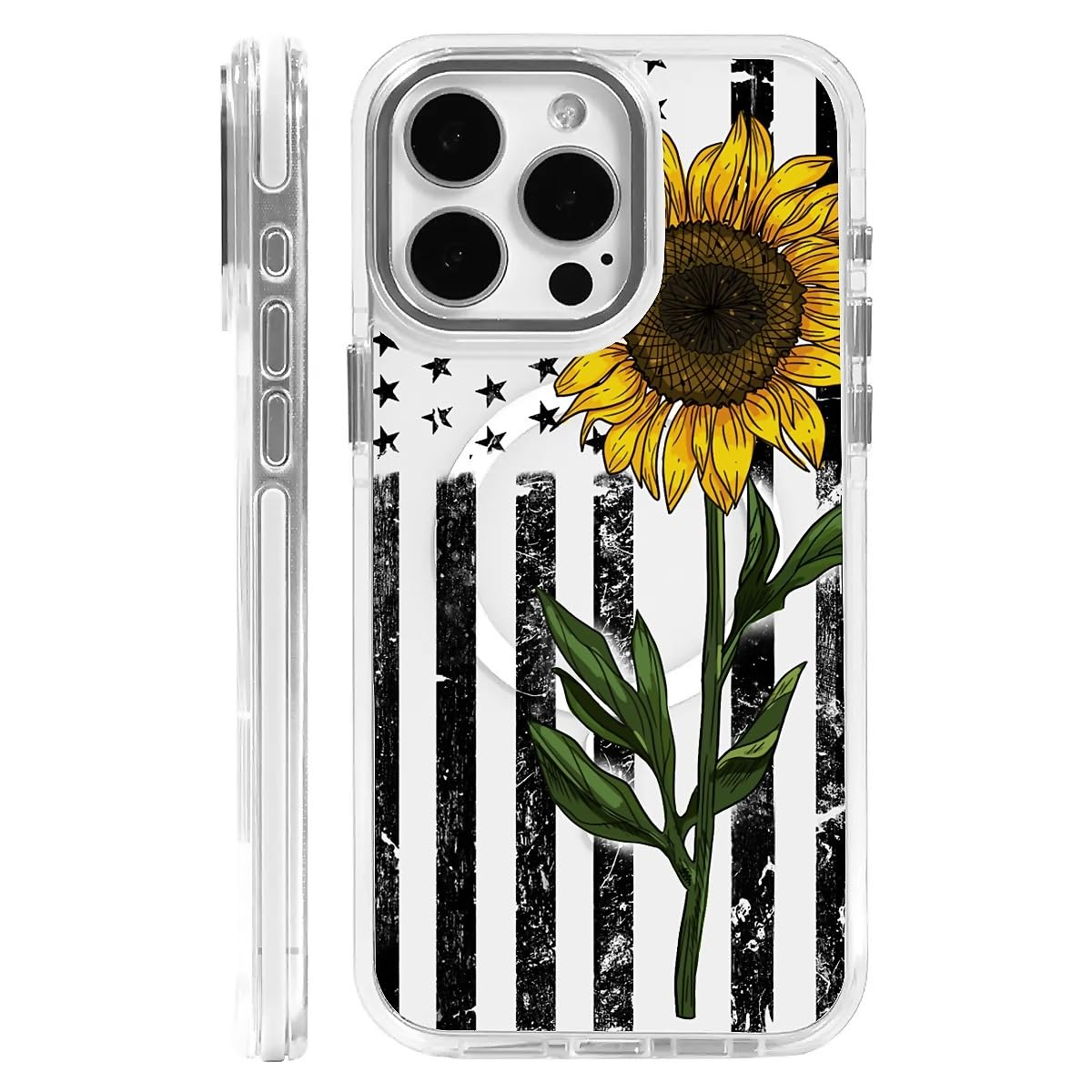 Zeggi for iPhone 15 Pro Max Case(Compatible with Magsafe),Sunflower American Flag Transparent Magnetic Anti-Fall White Decorative Border Protective