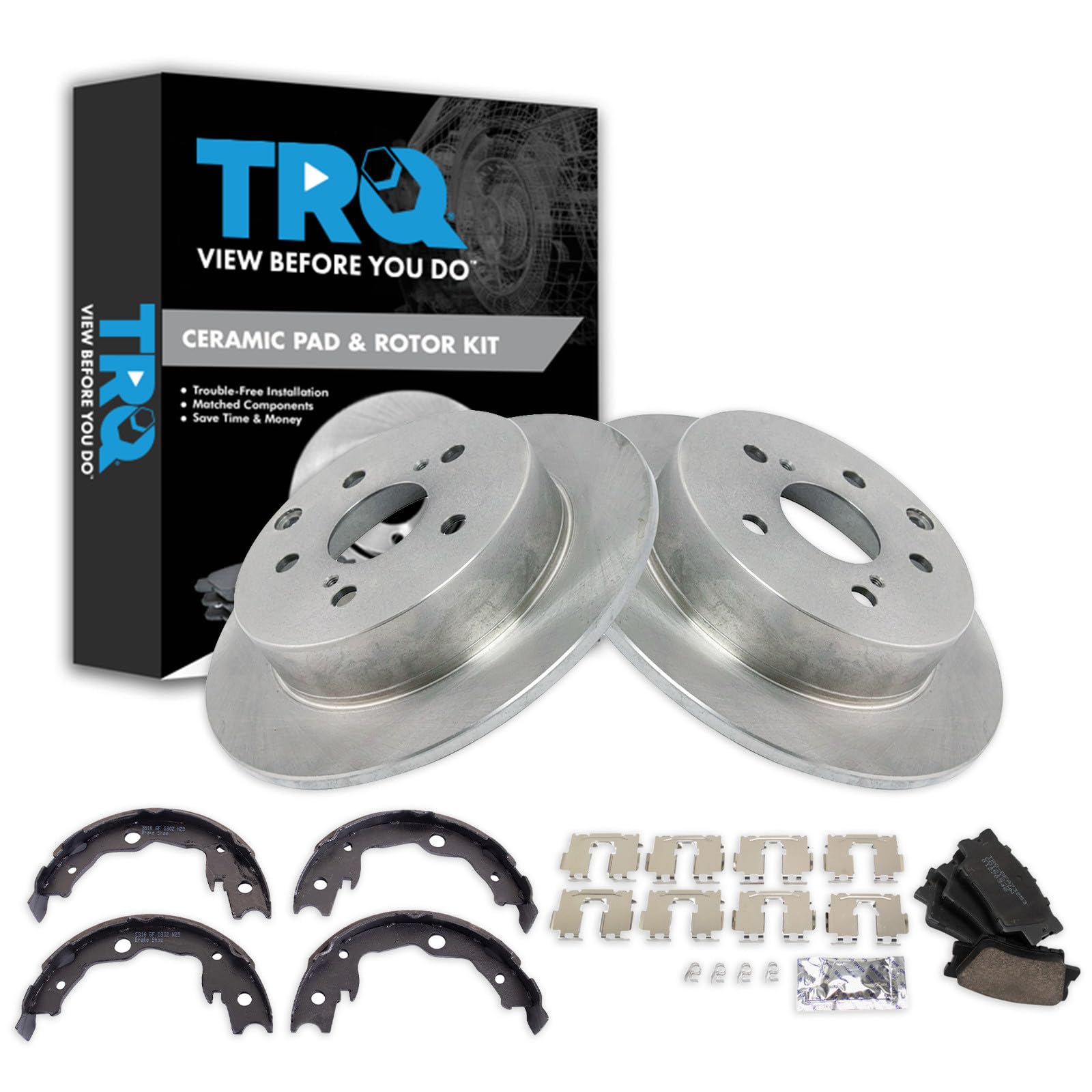 TRQ Rear Brake Pad and Rotor Set Ceramic Parking Brake Shoe Compatible with 2009-2010 Pontiac Vibe 2009-2013 Toyota Matrix