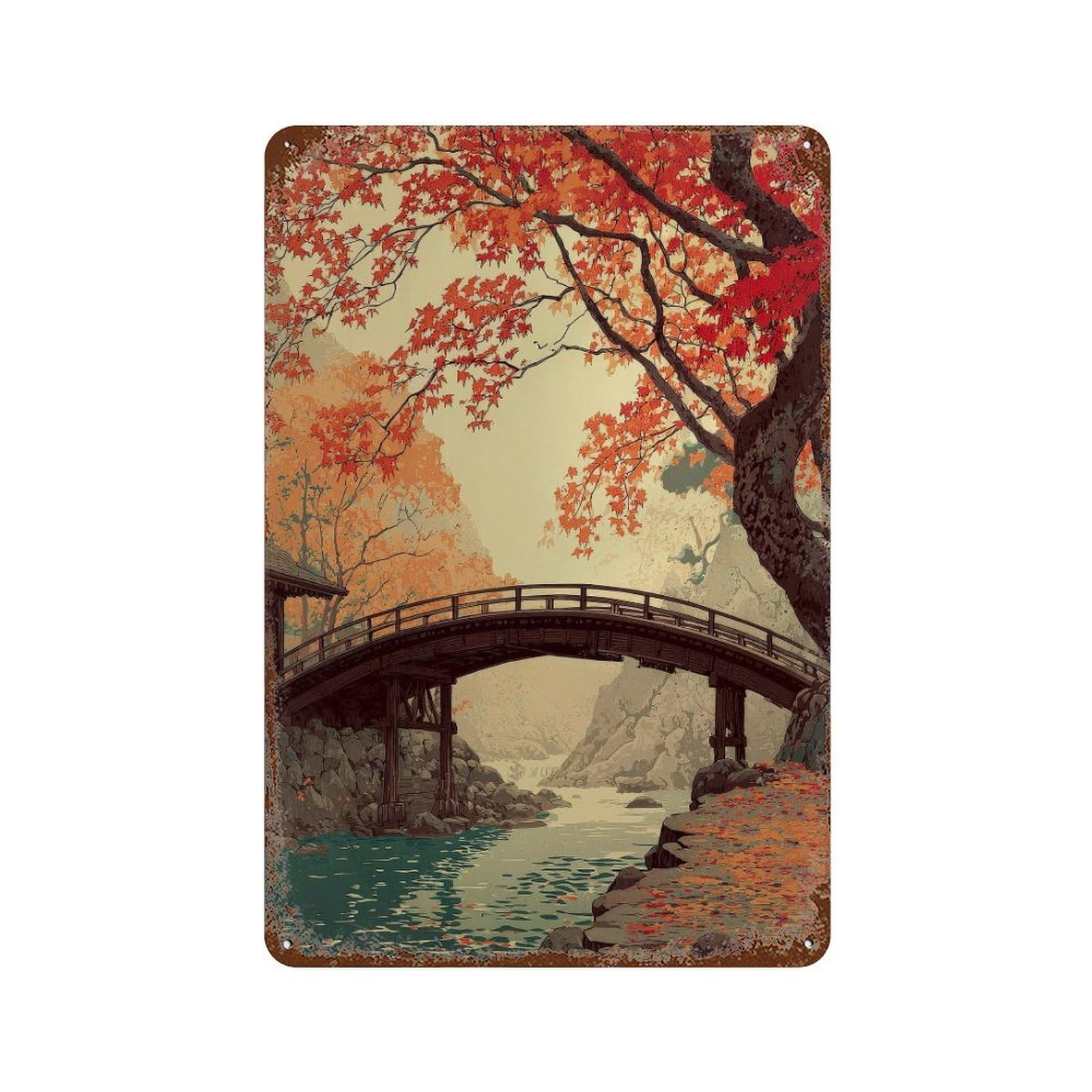 xiaoxiaoshen Autumn Bridge Scene. Japanese Ukiyo Wall Decor Art Metal Tin Poster Modern Home Decor Art Home Bar Shop Decorations Vintage Sign 30x20cm