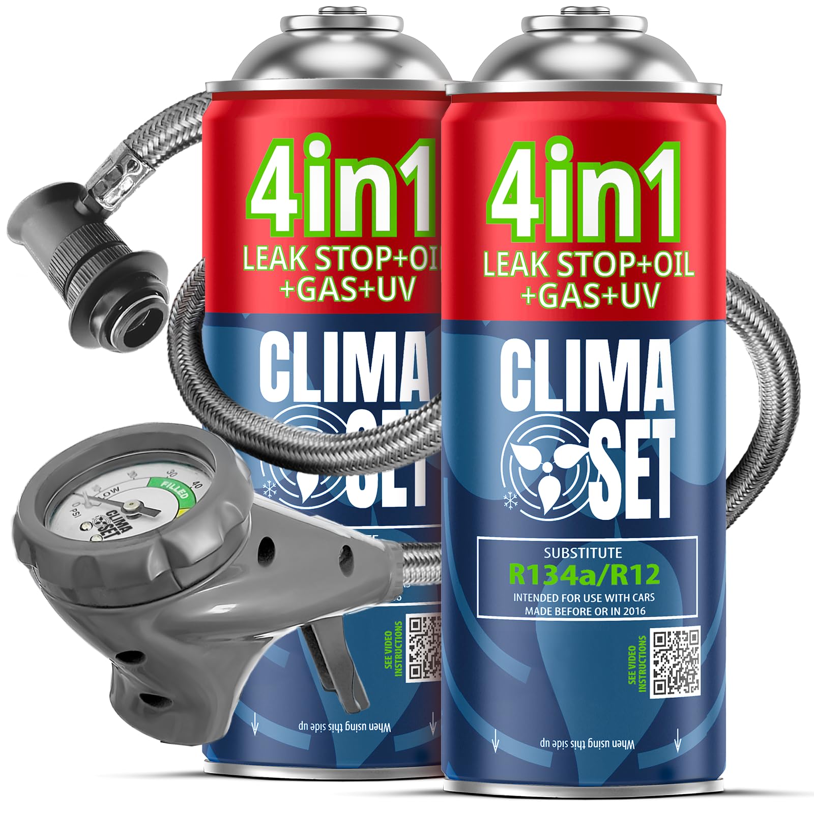 CLIMASET - Klimaanlage Auto Befüllen - Klima Auffüllen Auto Set - 2x 4in1 R134a + Schlauch - für Fahrzeuge 1994–2016, mit Modernem Schlauch & Manometer, Einfaches Nachfüllen