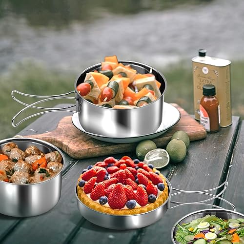 Miniatura 5 de Juego de 4 ollas de cocina de acero inoxidable 188, kit de mensajería de camping, juego de cocina de camping, utensilios de cocina para camping,
