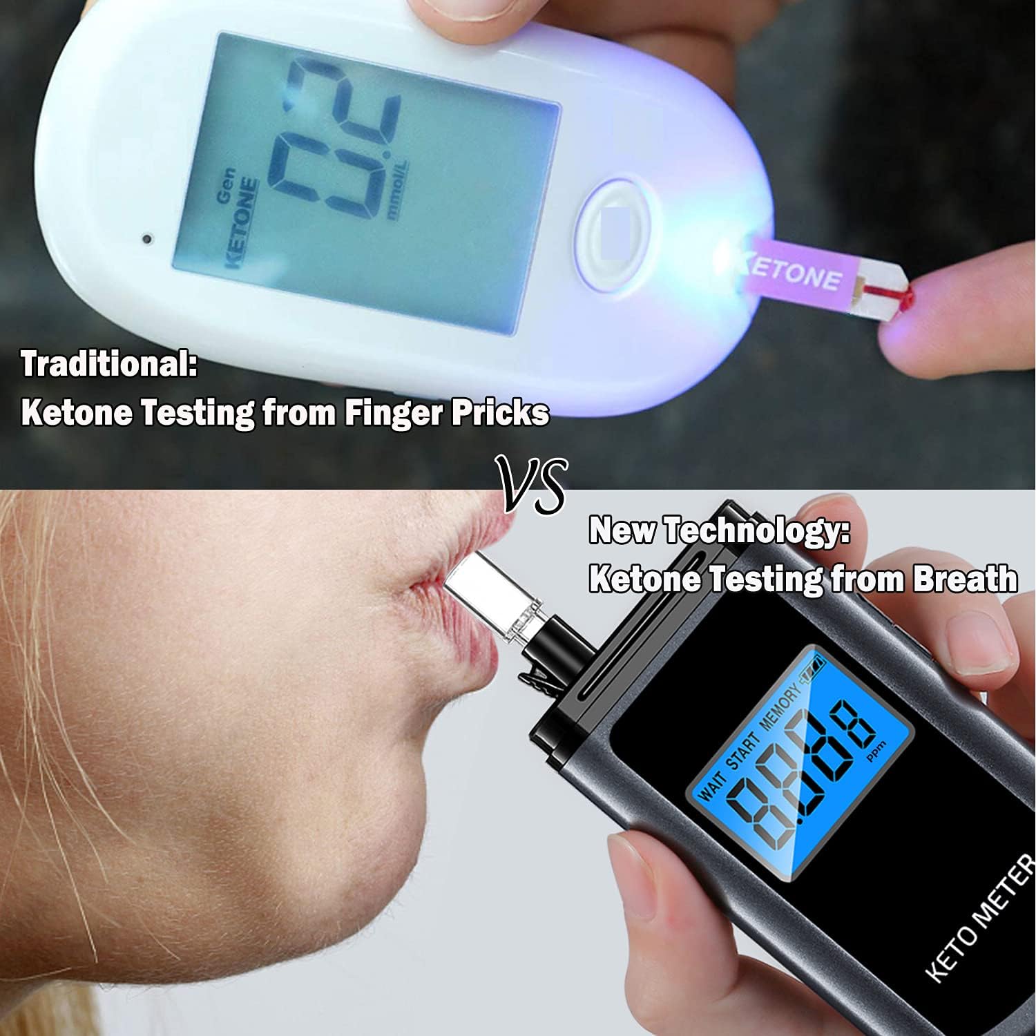 Misuratore di respiro chetone professionale per chetoni, misuratore di respiro portatile chetosi ricaricabile USB, con 10 bocchini intercambiabili per test di chetosi (nero)