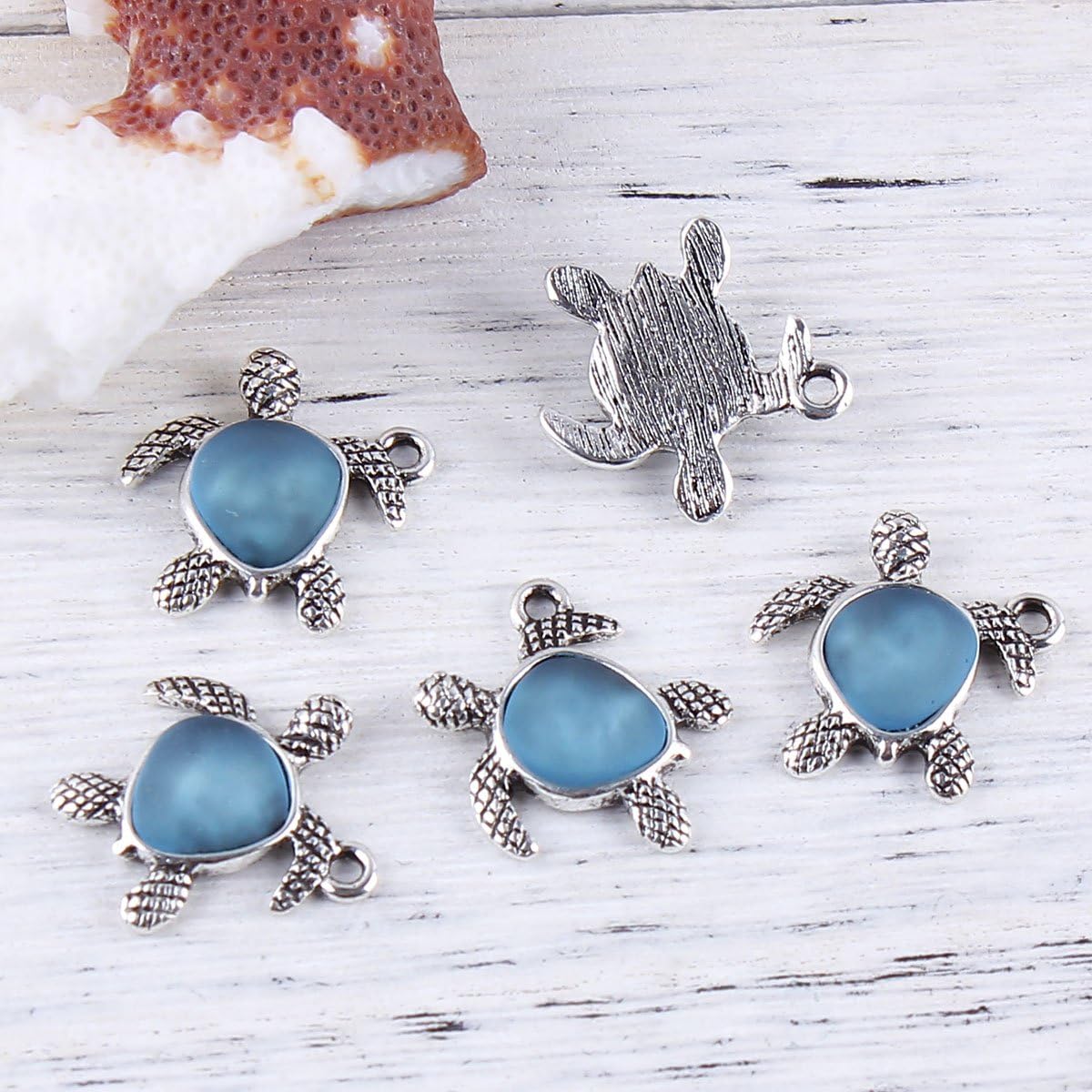 JGFinds Sea Glass Turtle Charm Pendants, 7/8"- 5 Pack of Blue and Silver Tone DIY Jewelry Making Supplies; Necklace or Bracelet Pendant, Beach Tortoise - Image 5