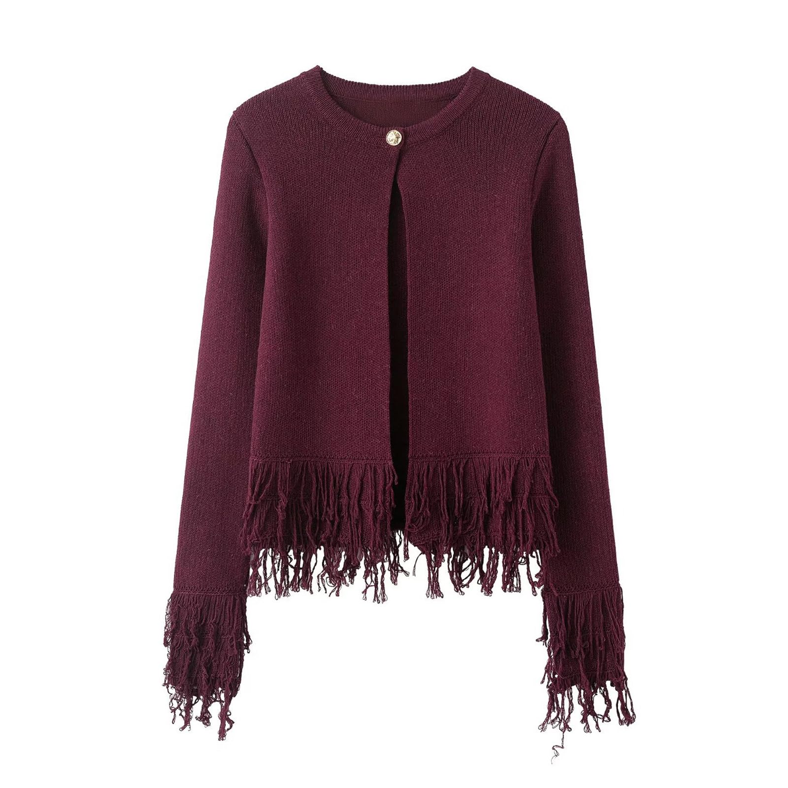 KEOMUD Women Fringe Hem Cardigan Sweater Retro Single Button Cropped Cardigan Open Front Knit Sweater