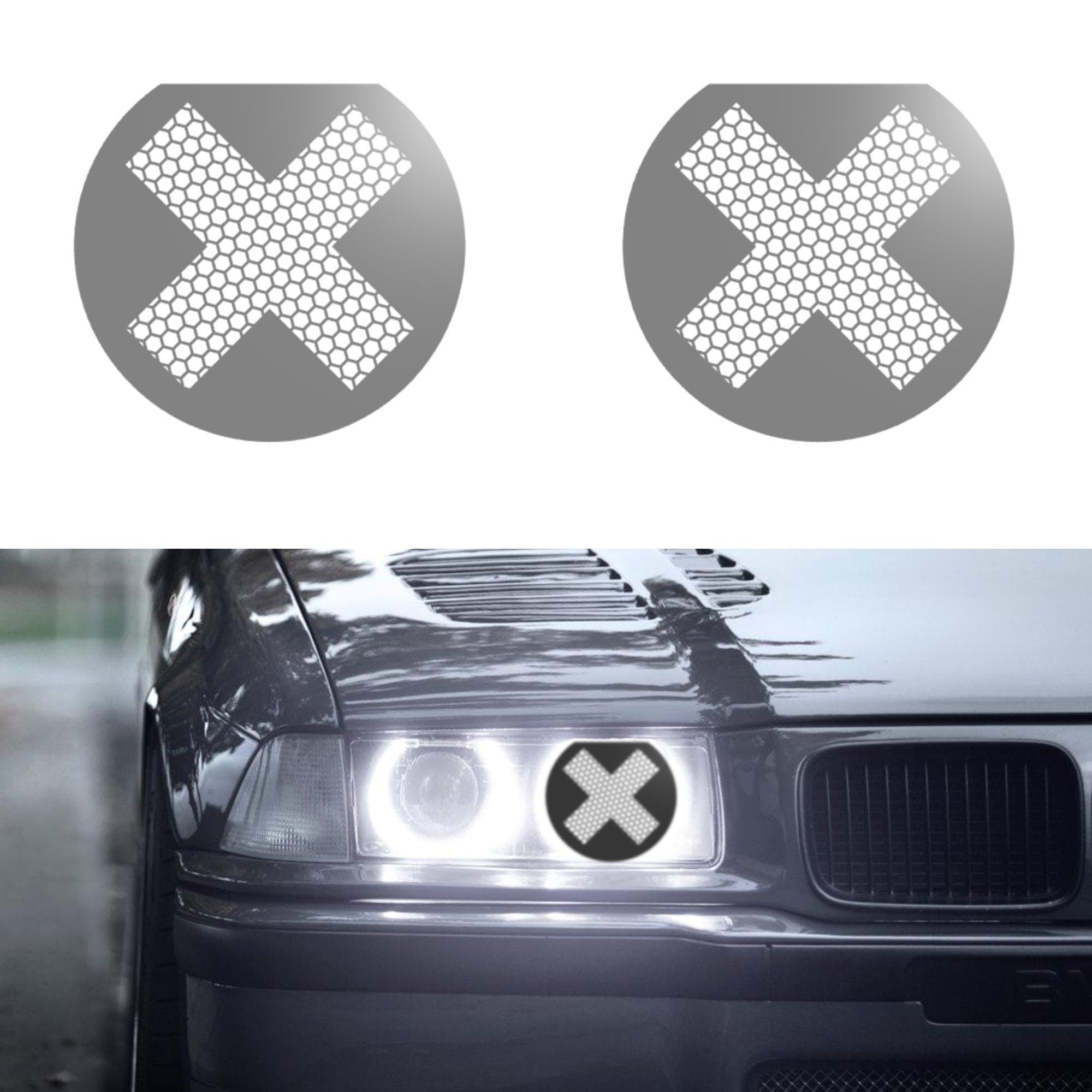Compatible with BMW E36 Cross Style Black Headlight Decoration Covers | Set of 2 Decorative E36 Headlight Covers, Cross Style, Black, Direct Fit Mod/Tuning Accessory Upgrade