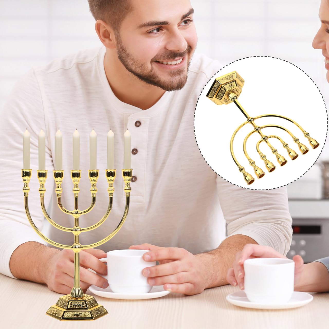 Generico Portacandele a 7 Braccia in Metallo Menorah Tradizionale Dorato Ornamento Decorativo Per Casa E Feste 6.69 Pollici Elegante Porta Candele Per Cena a Lume Di Candela