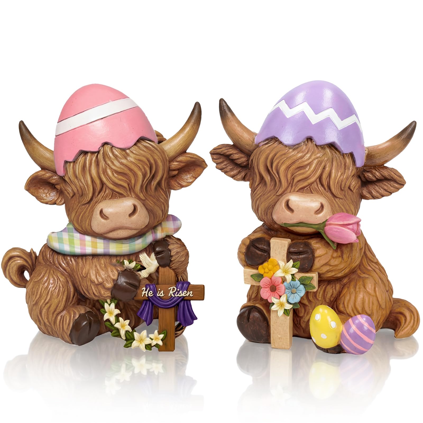Simgoing Confezione da 2 statuette di mucca pasquale delle Highland primaverili con uova di Pasqua croce floreale per decorazioni da tavola per amanti dei vitelli, regali per la casa, centrotavola