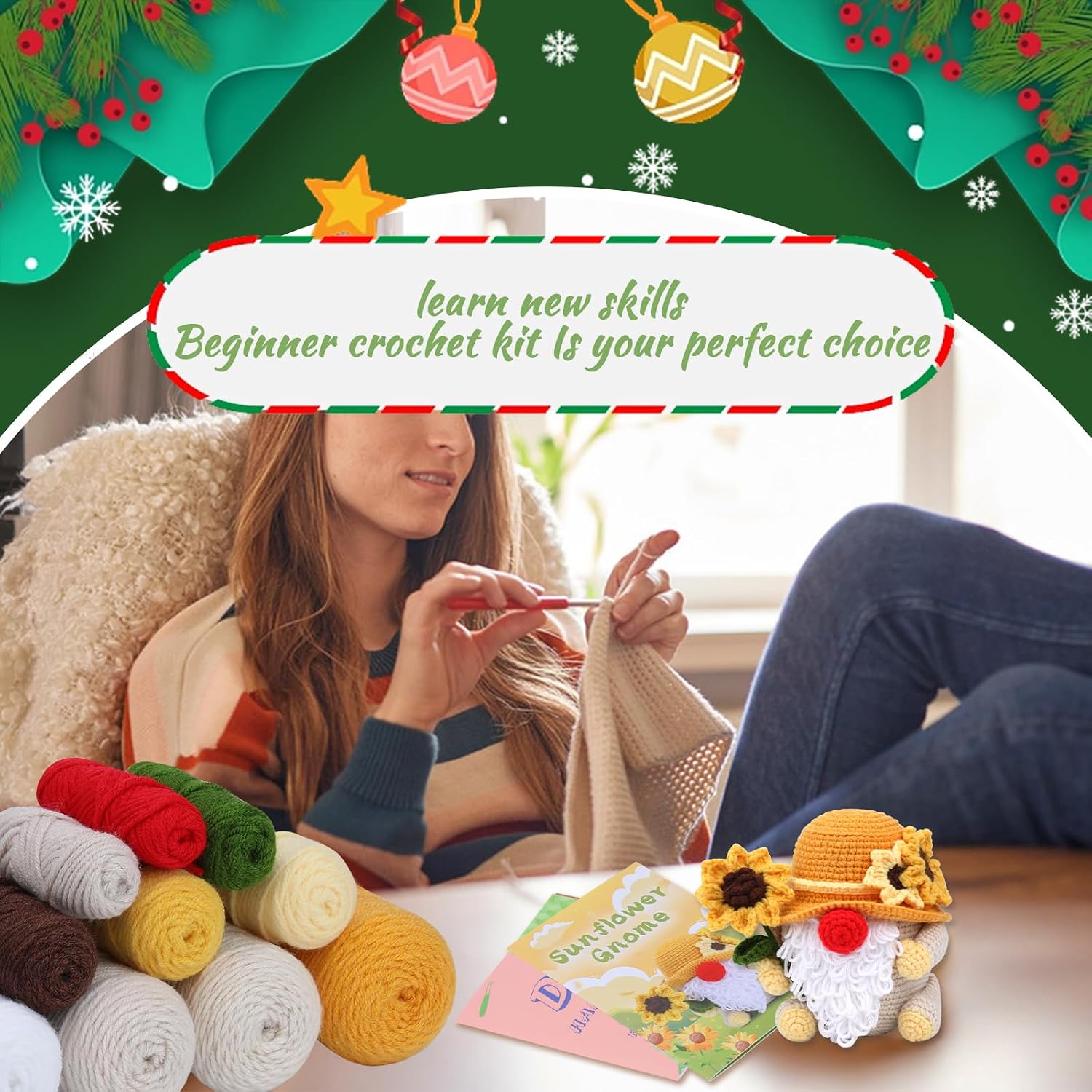 SOCNITC Crochet Kit for Beginners, Knitting Crochet Kit for Adults, Crochet Starter Kits with Step-by-Step Tutorials Videos for Yarn Knitting Projects, Bedroom Decoration DIY