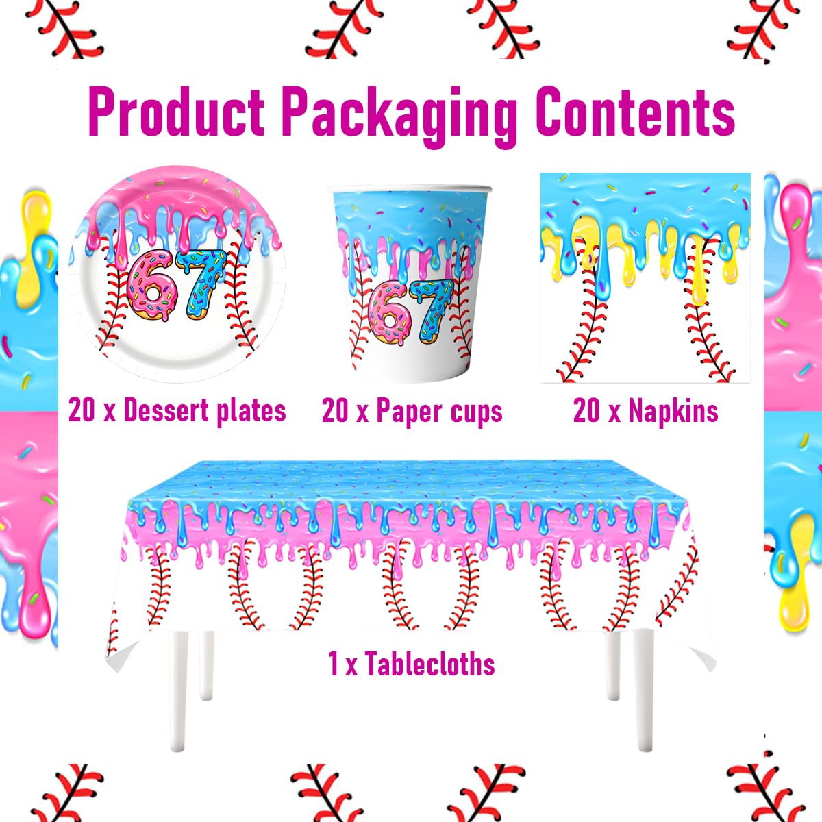 Stoviglie per feste a gelato, 61 pezzi Baseball Stoviglie per compleanni per bambini, Tema Meme virali Set di piatti di carta per feste, Compresi bicchieri, tovaglioli e tovaglie