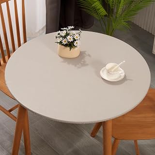 Round Plastic Table Cloth,with Soft Flannel Backing,100% Waterproof Round Vinyl Tablecloth with Elastic,Indoor/Outdoor Picnic Tablecloths.(Light Gray, Fits 45" - 56" Round Tables)