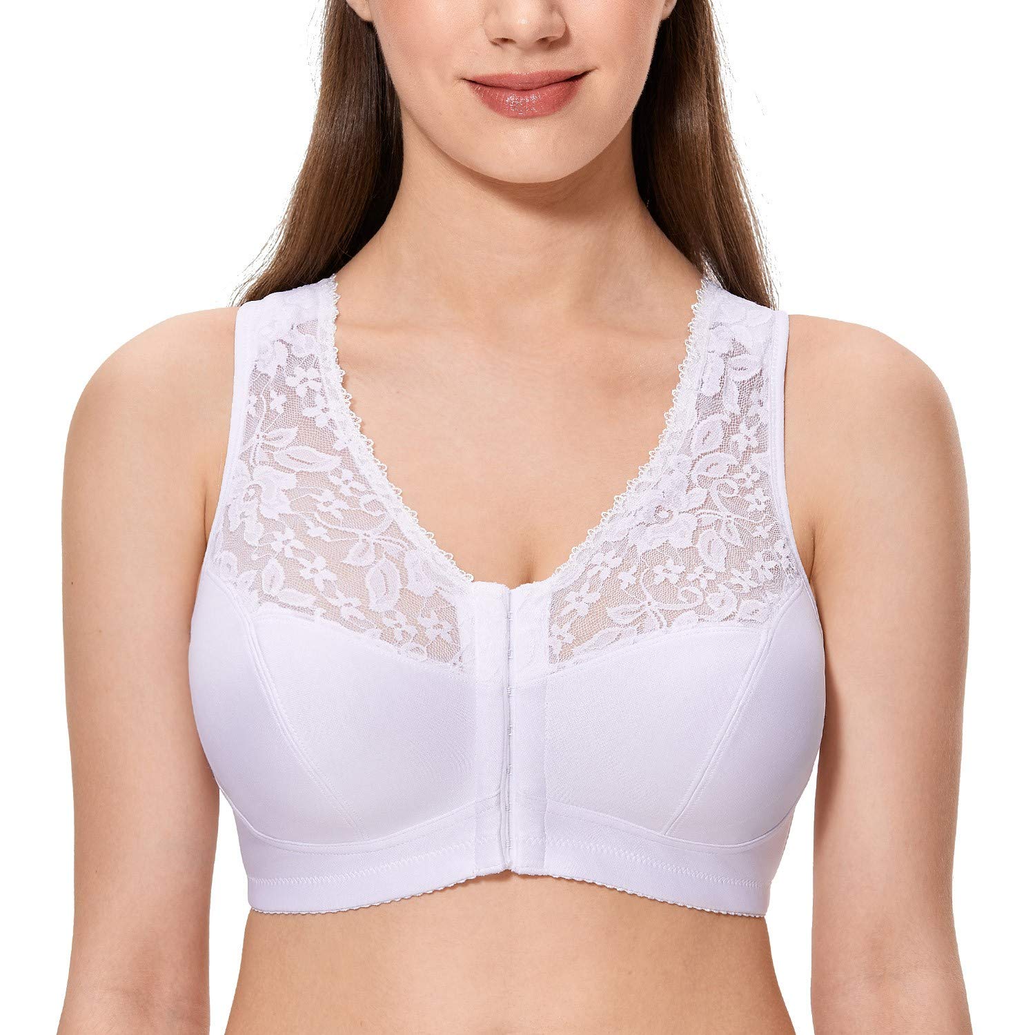 CALVENA Women's Front Closure Bra Full Coverage Wirefree Lace Plus Size Bra Racerback