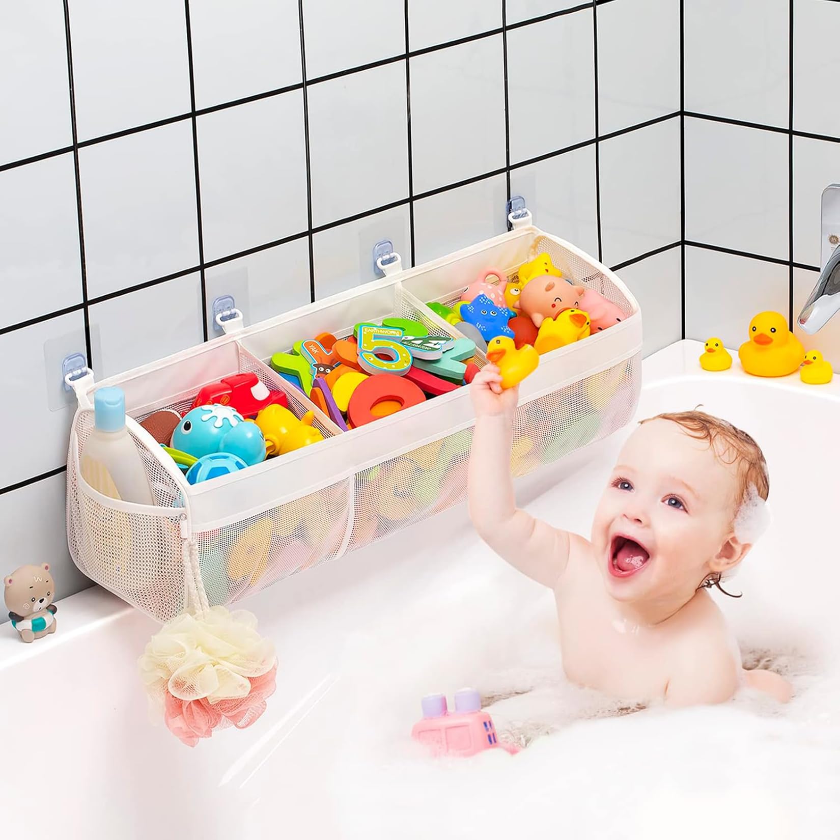Bolsa Juguetes Bañera Organizador Juguetes con 3 Compartimentos Red Juguetes Bañera Secado Rápido para bañeras de Niños