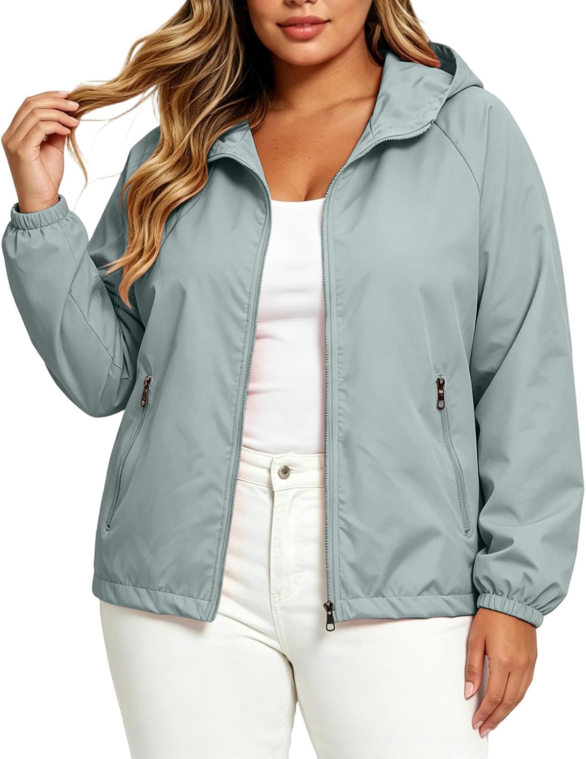 Women's Hooded Rain Jacket Plus Size Zip Pocket Sun Protection Raincoat | Women Rain Jacket Windbreaker Womens Waterproof with Hood Work Travel Pocket Hoodies Trench Coat Outdoor Camping Jackets