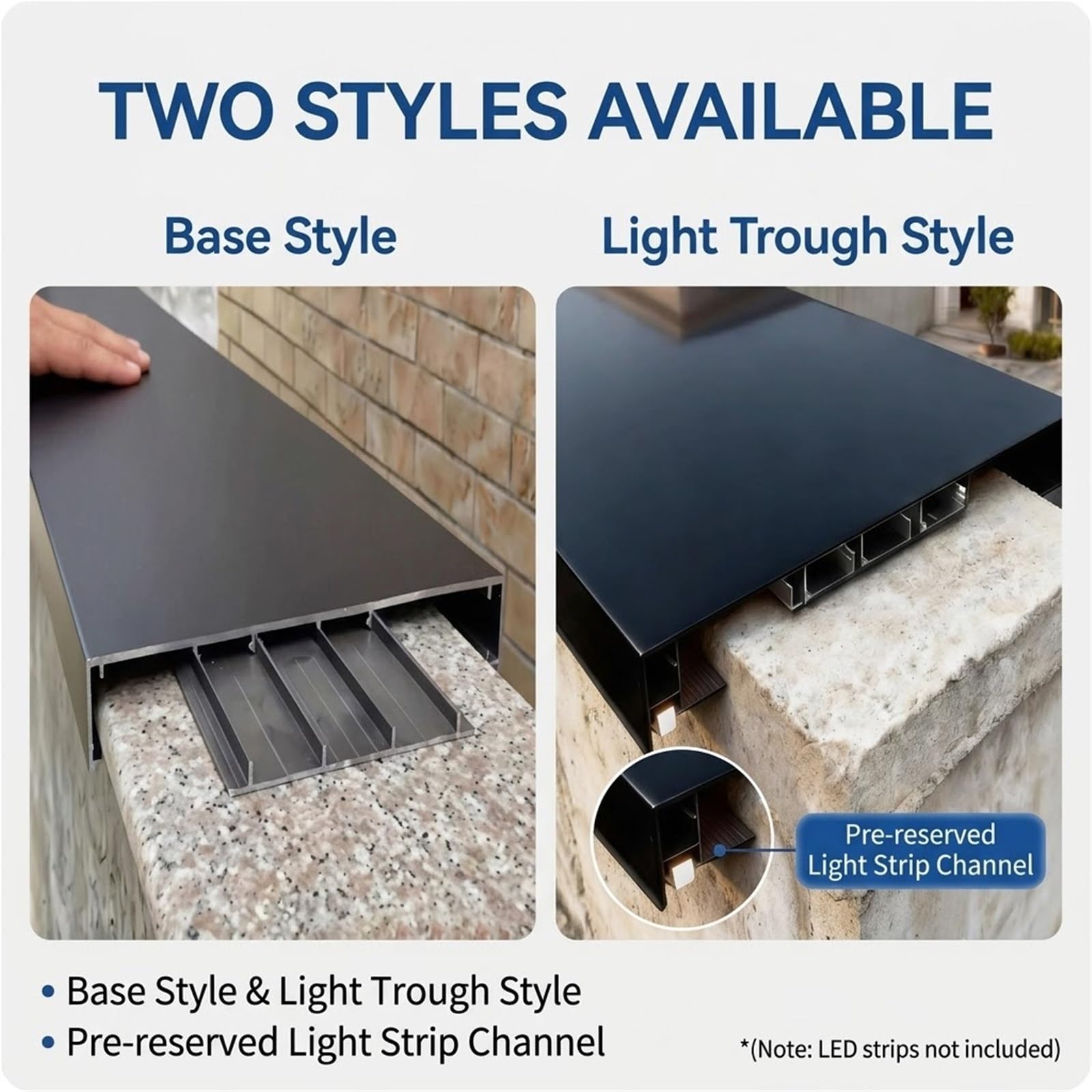 Cubremuros Aluminio 2mm con Canal LED y Vierteaguas | Base Oculta, Doble Borde Antigoteo Para Proteger Su Muro, Incluye Tornillos Y Tapas, Ideal Para Vallas De Patio.