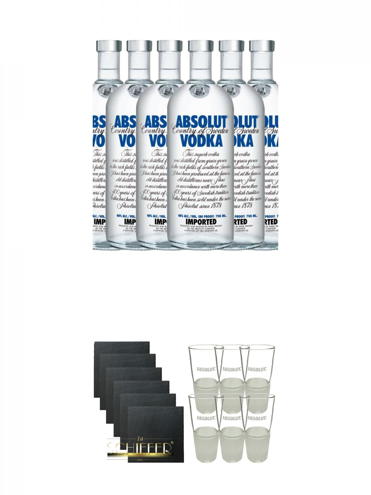 Absolut Blue Vodka 6 x 0,70 Liter + Schiefer Glasuntersetzer eckig 6 x ca. 9,5 cm Durchmesser + Absolut Gläser 6er Karton