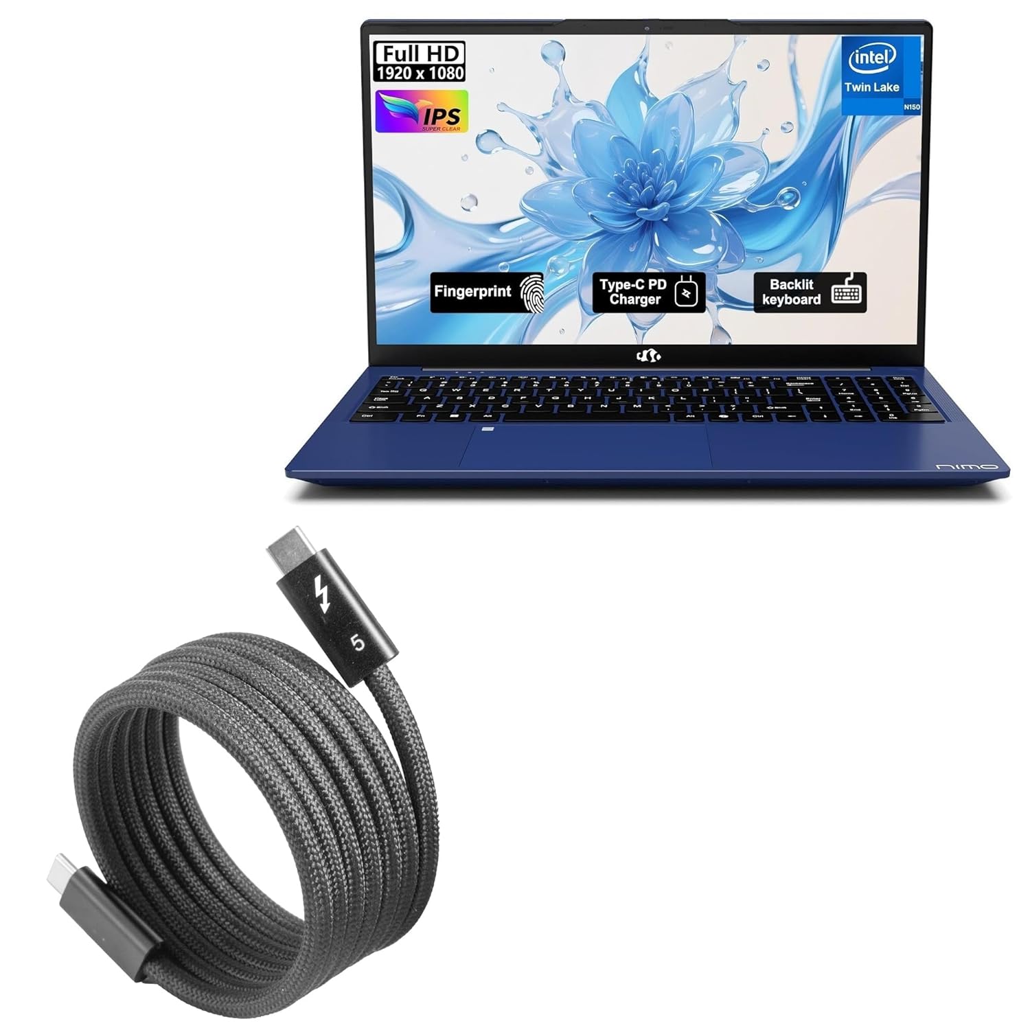 BoxWave Cable Compatible with Nimo N157 (15.6 in) - SnapWrap Thunderbolt 5.0 Cable (5ft 240W), Magnetic Self-Coiling Nylon Braided Retractable - Jet Black