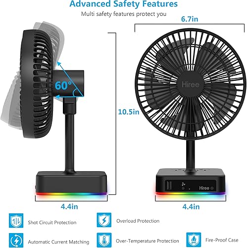 Miniatura 6 de Hiree Ventilador de escritorio con puerto de carga USB, ventilador de mesa pequeño de 2 velocidades de 6.7 pulgadas con cargador USB, salidas de CA