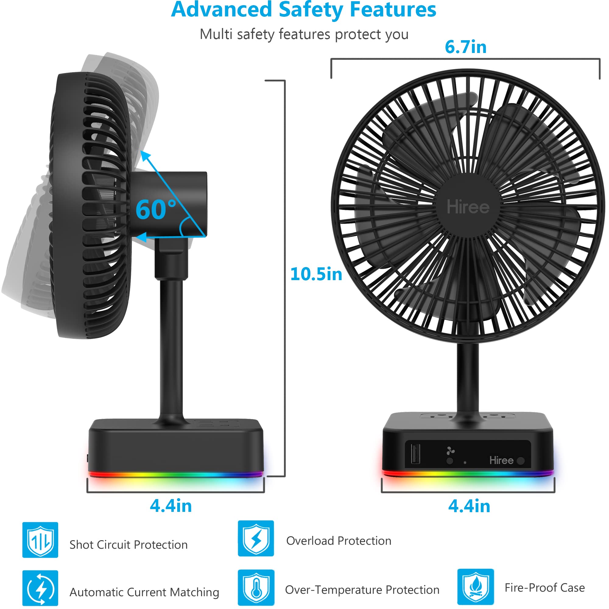  Hiree Desk Fan with USB Charging Port, 2 Speeds 6.7 Inch Small  Desktop Table Fan with USB Charger, AC Outlets and LED Light, Strong Wind,  Quiet Operation - Personal Fan for