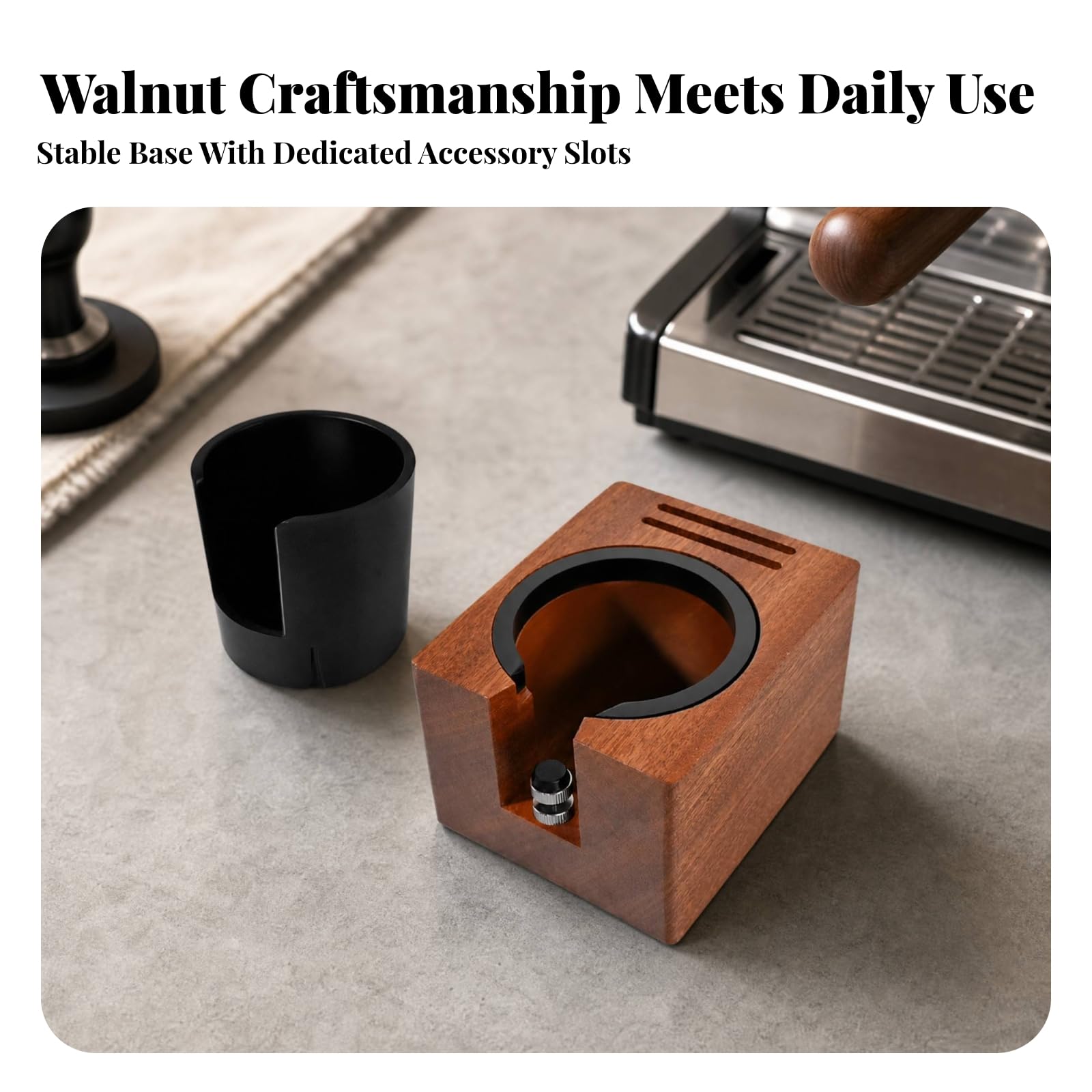 Base Tamper in Legno Regolabile Stazione di Pressatura Caffè Funzionale Organizer da Banco per Caffè Professionisti, Da 51 A 58mm, Con Secchiello Interno