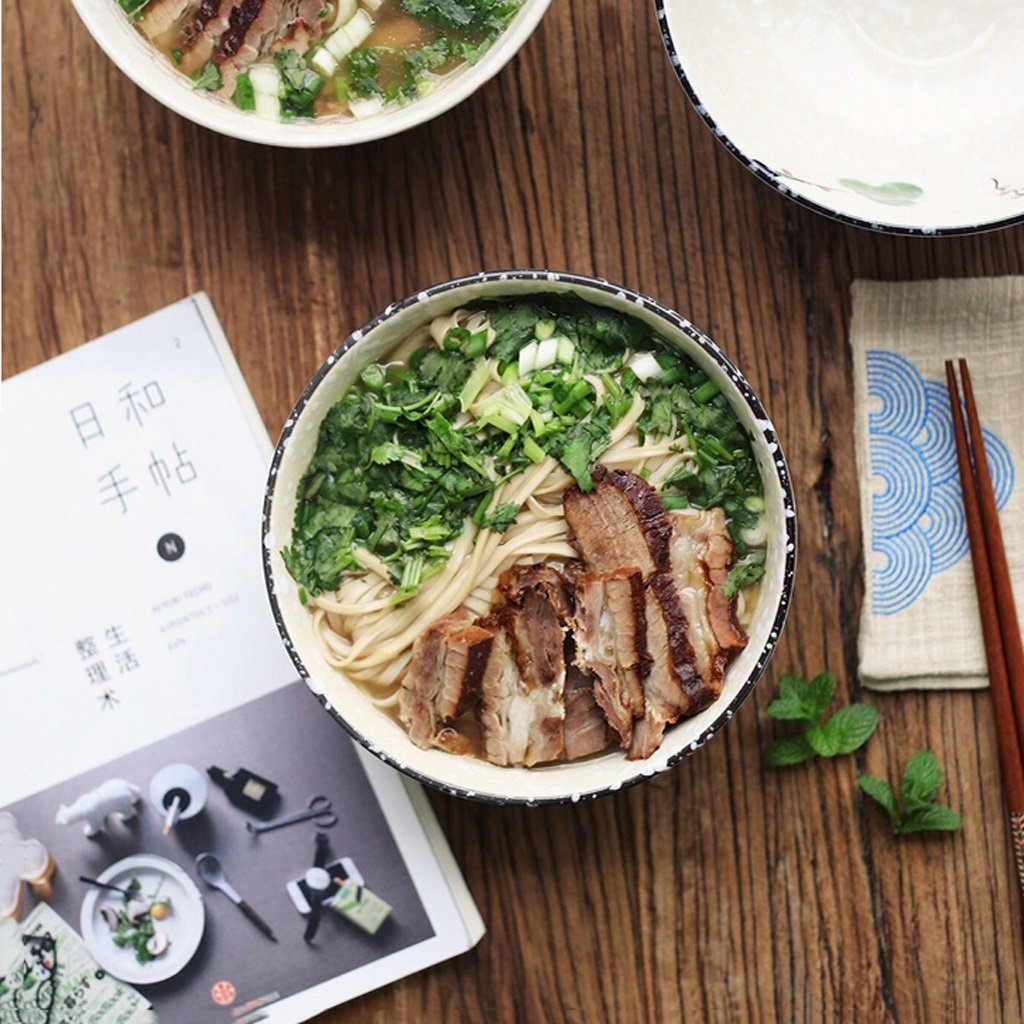Nudelschale aus Keramik im japanischen Stil, handbemalt, Unterglasurfarbe, große Suppenschale, große Salatschüssel, Instant Nudelschale, Ramenschale, Müslischalen und Nudelschalen