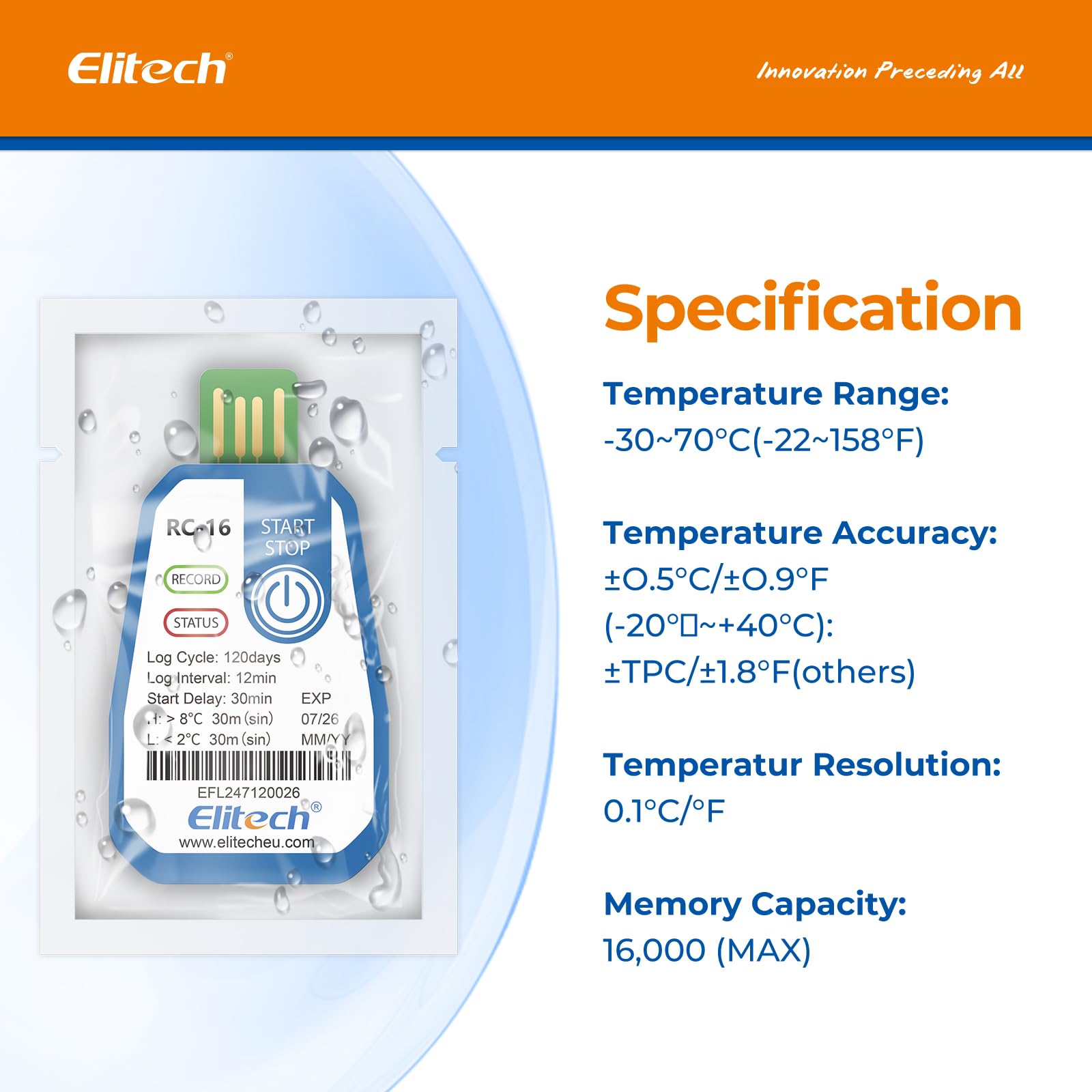 Elitech Registrador de Temperatura Desechable RC-16 10PACK