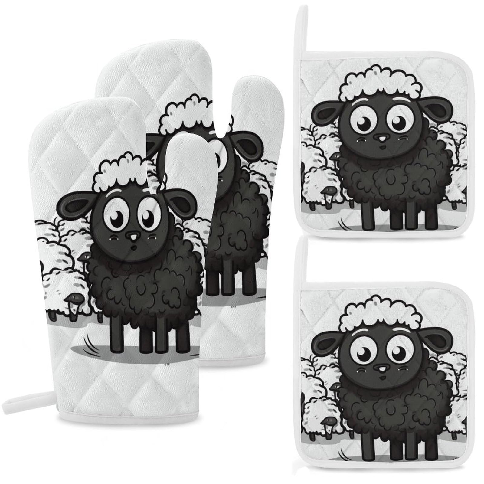 Cartoon Black White Sheep Oven Mitts and Pot Holders Sets Heat Resistant Oven Glove with Hanging Loop for Baking Cooking BBQ Thicken Potholders for Kitchen