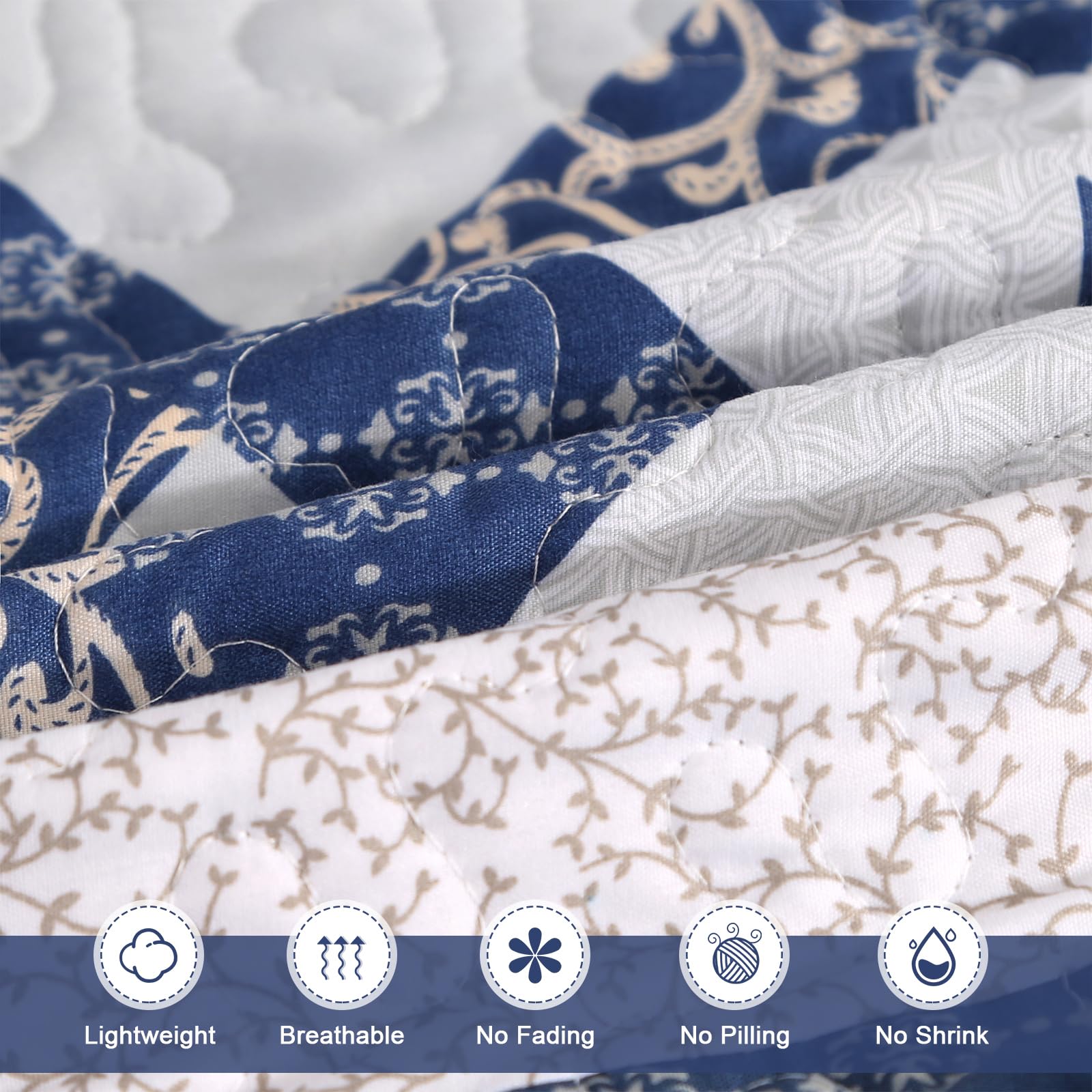 Qucover Colcha Cama 180,Cubrecama 270x250cm Patchwork Etnico Algodón y Microfibra Suave, Colcha Azul Reversible Manta Cama con 2 Fundas de Almohada para Todas Las Estaciones