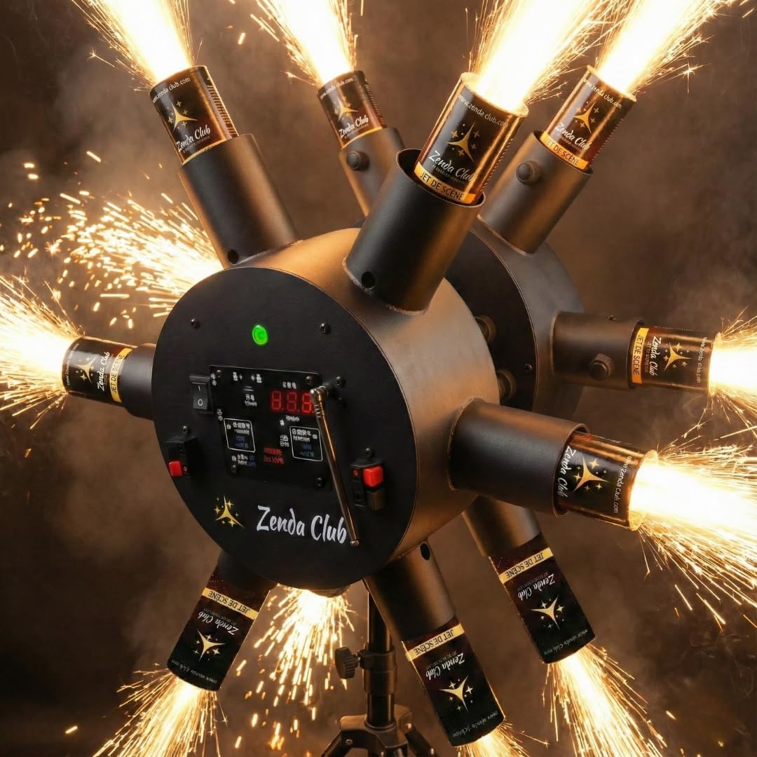 Zenda Club® Double Wheels Fire 2 – Système Rotatif pour Jets de Scène – 3 Modes de Rotation – Jusqu’à 12 Jets – Batterie Intégrée ou 4 Piles AA – Afficheur Digital de Voltage