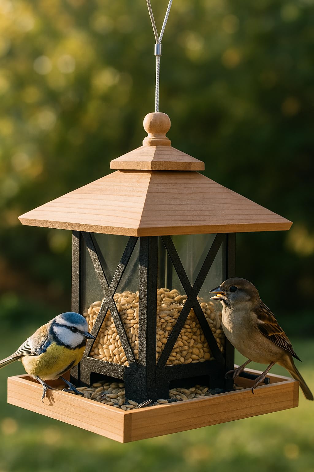 Mangeoire Oiseaux extérieur – Leya Naturel – 32 cm – pour graines – Cèdre & métal – Couvercle Amovible – Peu d’Entretien – Flamingo