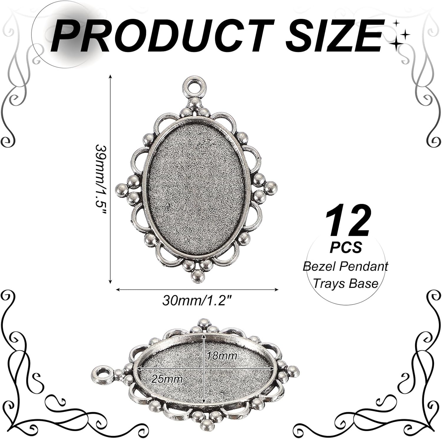 uxcell 12 Pcs Pendant Trays Kit, 25mm Oval Blank Bezel Pendant Tray Base Connector Settings for Photo Charm Jewelry Making DIY Crafts, Silver (Beaded Lace) - Image 2