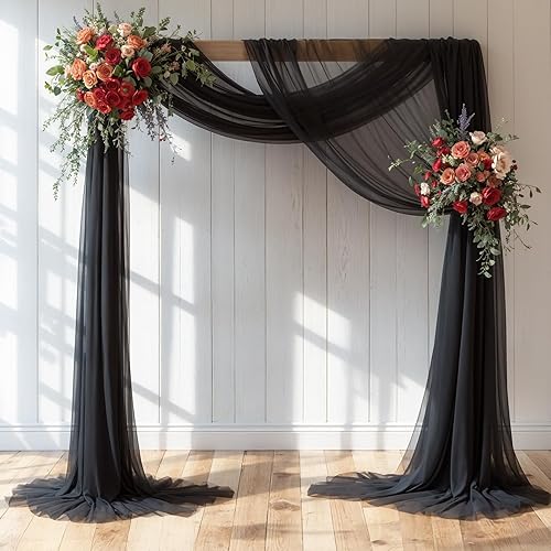 Miniatura 4 de Tela de cortina de arco de boda, 2 paneles de 18 pies, cortinas de gasa transparente negra de 6 yardas para decoración de boda, ceremonia de