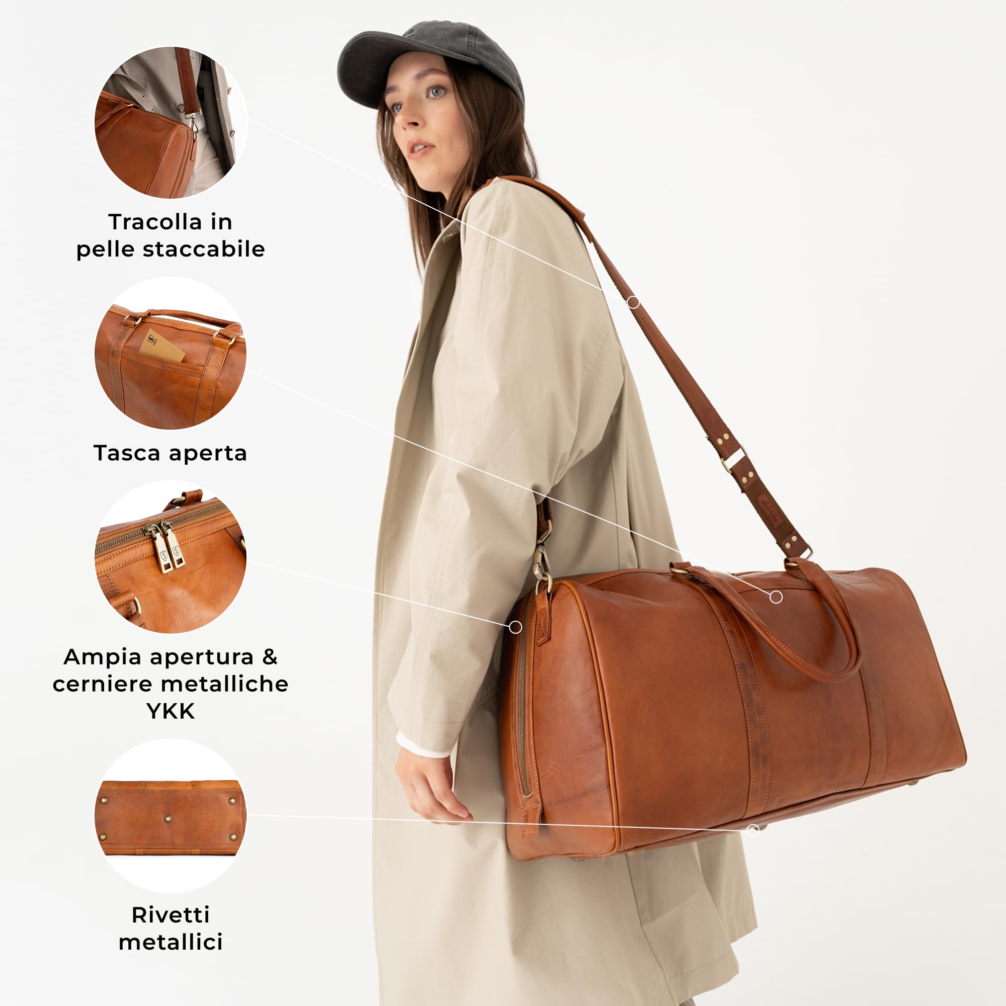 Berliner Bags Borsone da Viaggio Boston in Pelle Conciata al Vegetale, 40L con Ampia Apertura e Tracolla Regolabile, Elegante per Weekend e Lavoro, Uomo e Donna – Marrone