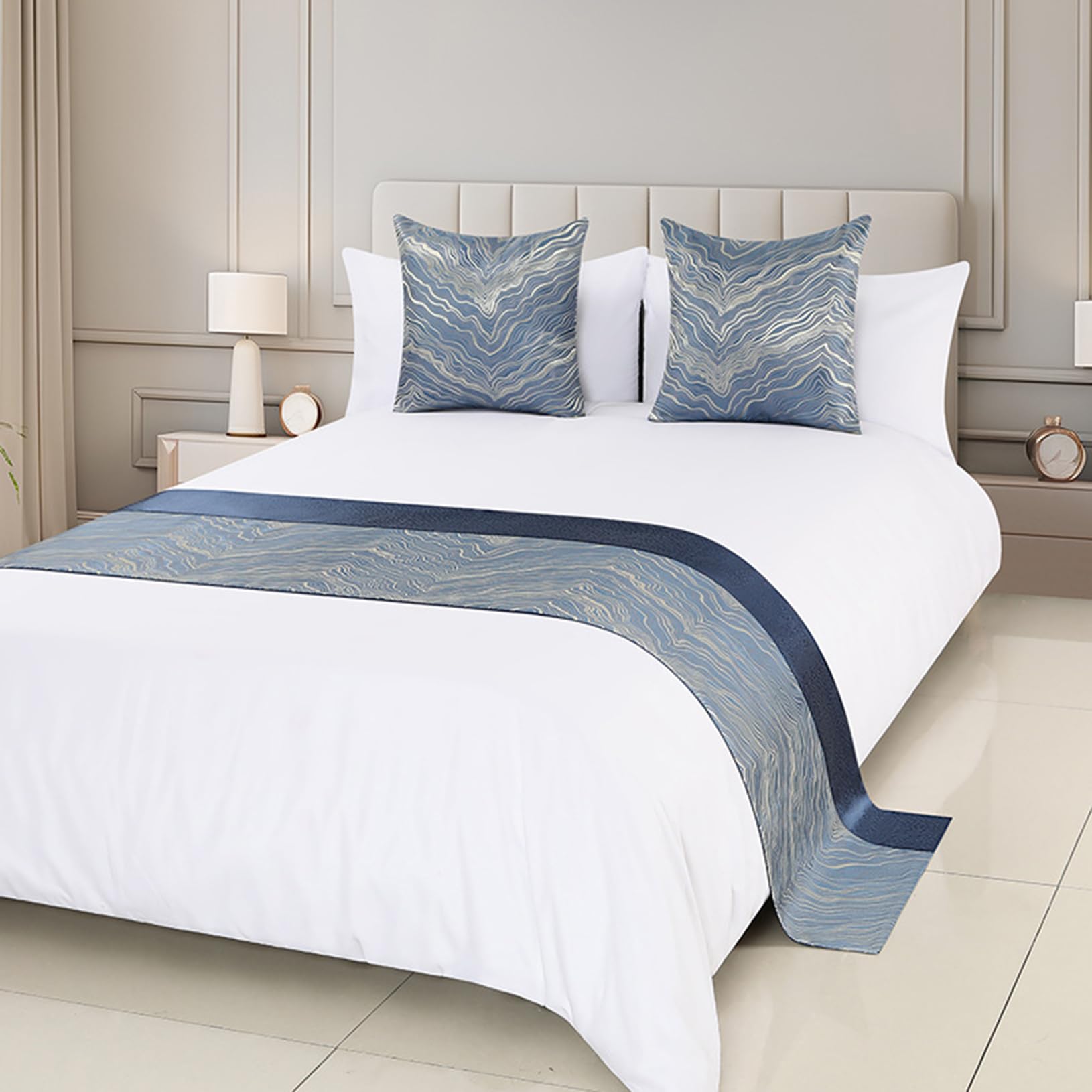 TTiiLoe Polyester Bed Runner, Gold Jacquard Bed Throw Bedspreads Cover Bed Scarf End Mat for Hotel Bedroom, Blue, 50 * 160cm for 1m Bed