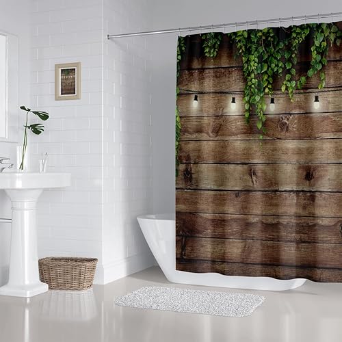 Miniatura 5 de ZXMBF Cortina de ducha de madera rústica con hojas verdes sobre madera vintage, temática de la vida rural, tablones de grunge, puerta de casa de