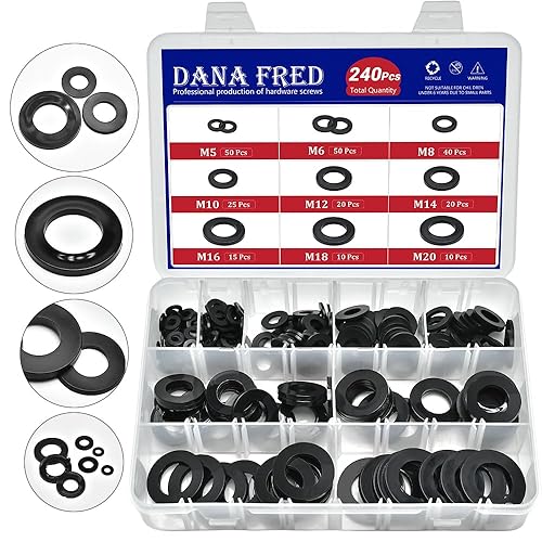 240 piezas espaciadoras redondas planas de nailon, 9 tamaños, kit surtido de arandelas planas negras, anillo de plástico avellanado, anillo de